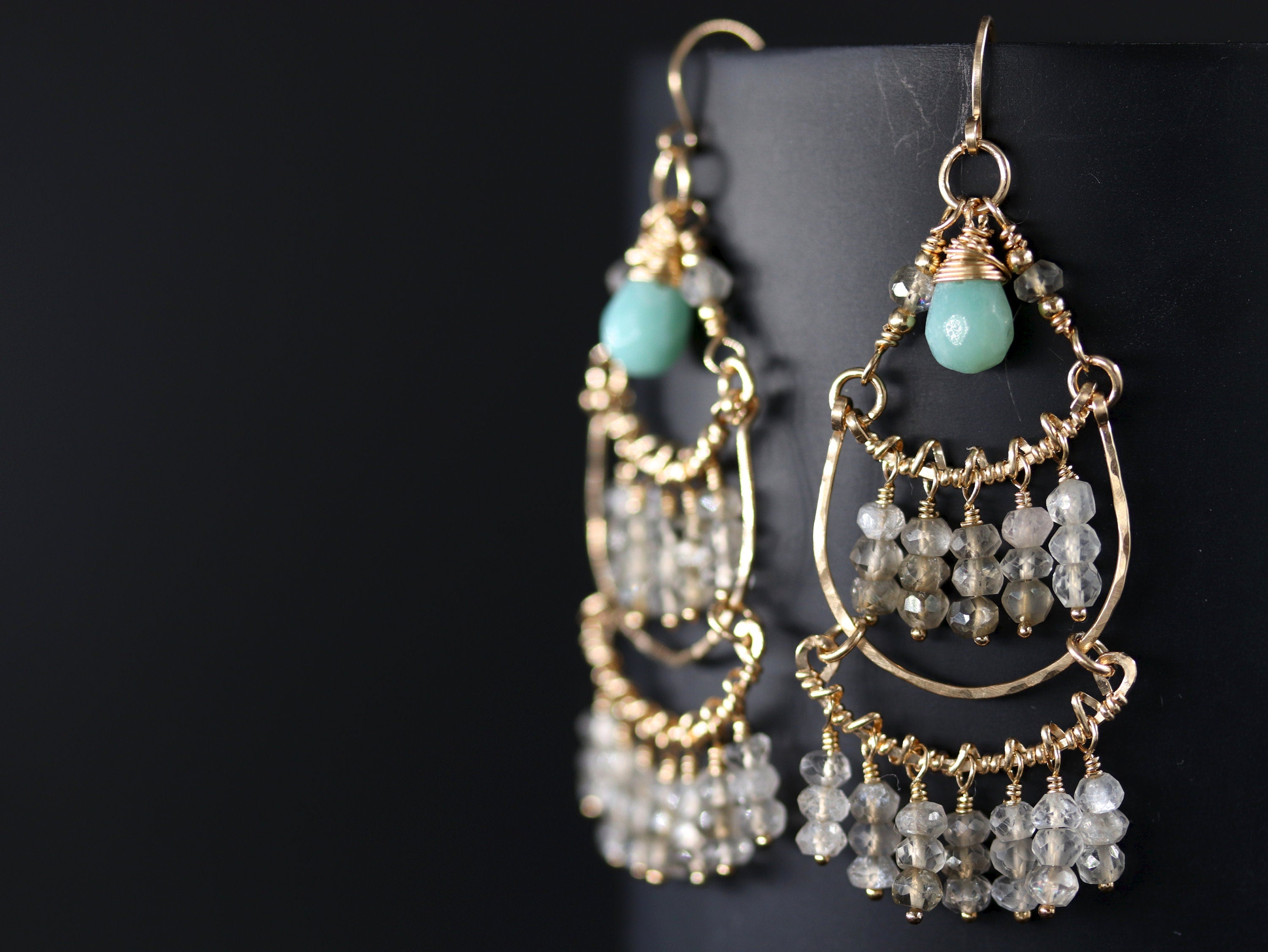 Labradorite Amazonite Chandelier Fringe Gemstone Earrings, 14K Gold Filled Bohemian Style