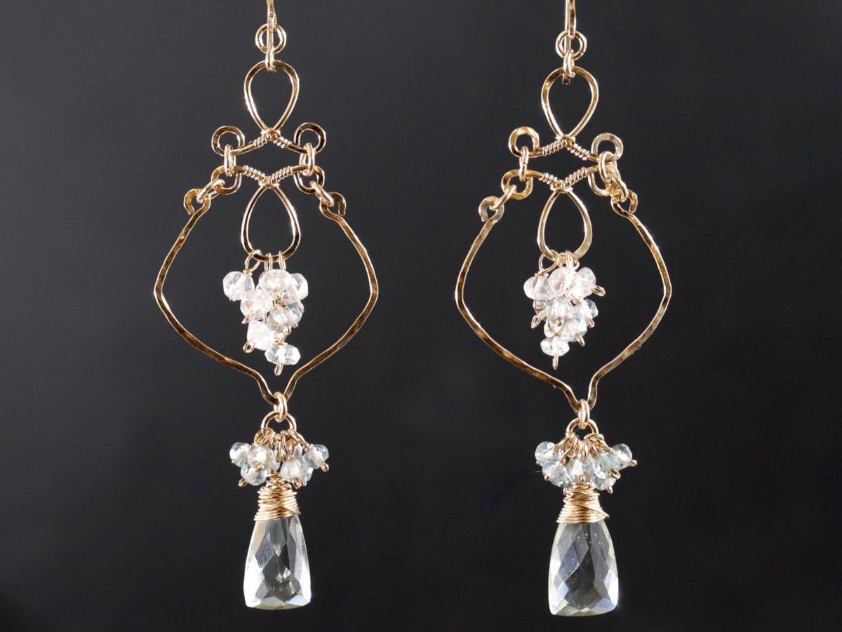Green Amethyst Pink Opal Floral Chandelier Gemstone Earrings, 14K Gold Filled Bridal