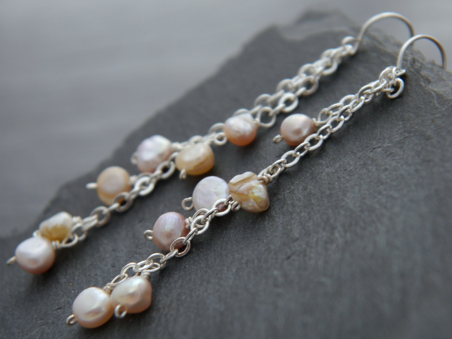 Freshwater Pink Pearl Blossoming Floral Long Dangle Gemstone Earrings, Sterling Silver, Bridal