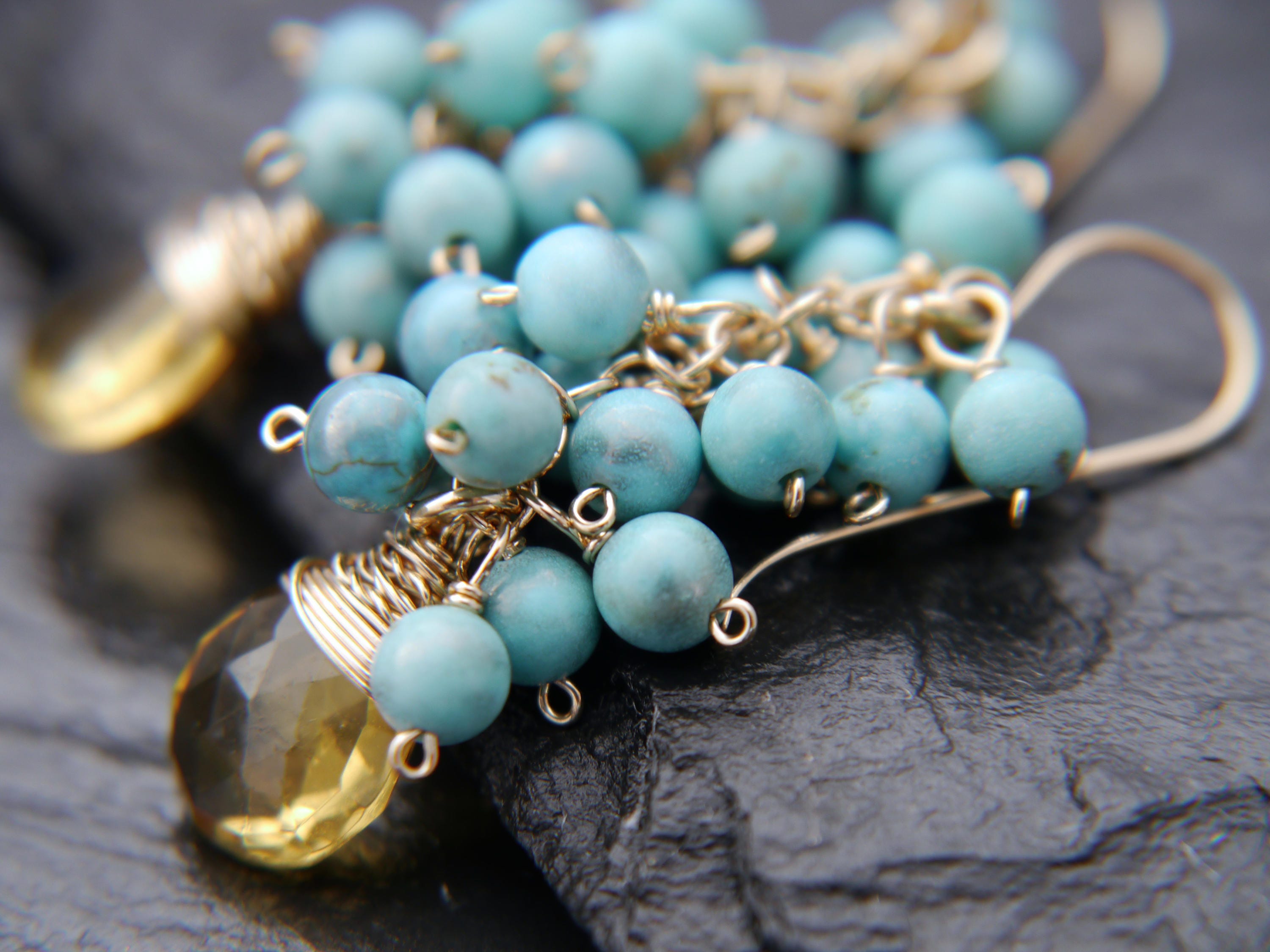 Beer Quartz Turquoise Magnesite Cluster, Gemstone Earrings, 14K Gold Filled Bohemian Jewelry