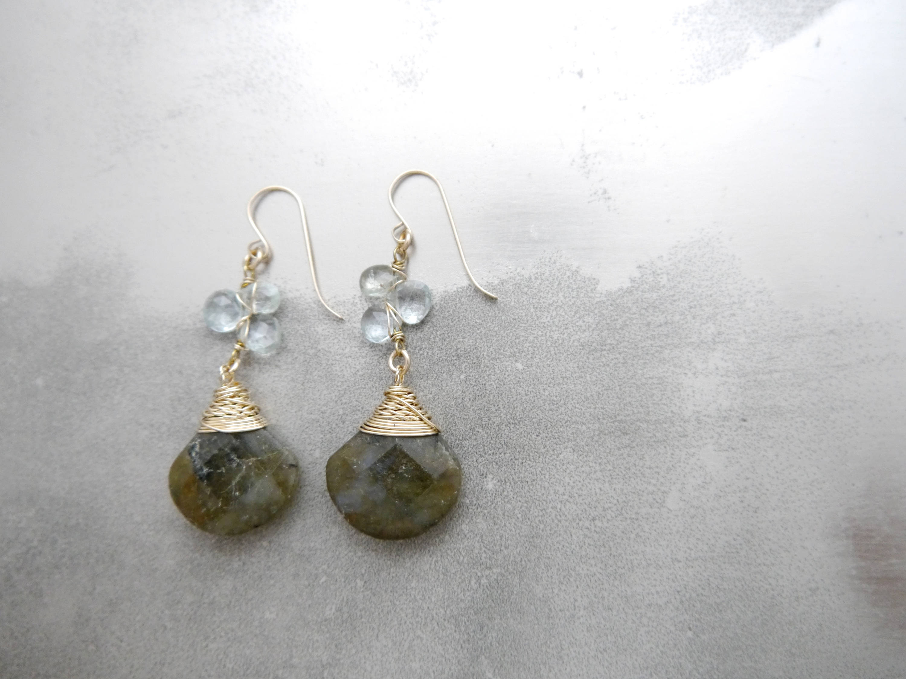 Aquamarine Labradorite Floral Teardrop Gemstone Earrings, 14K Gold Filled Bridal
