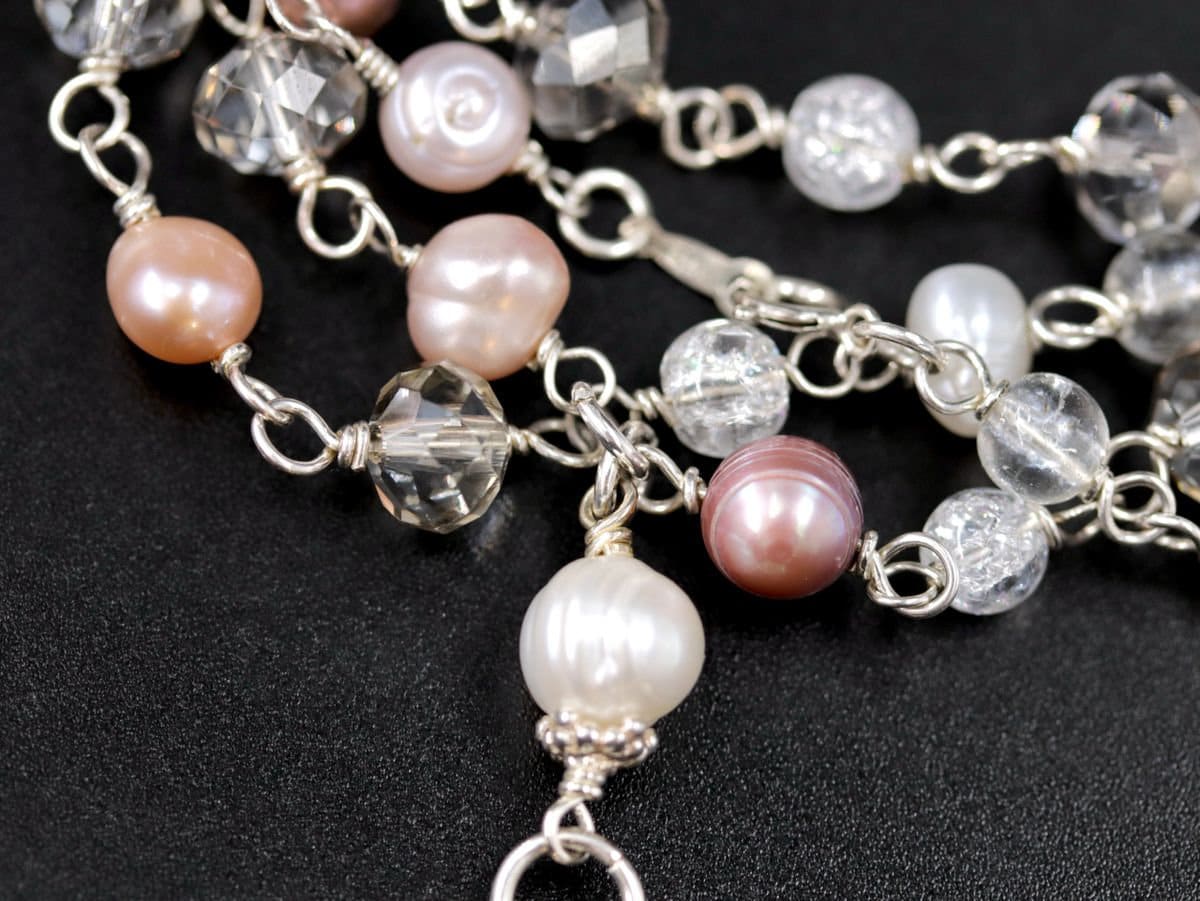 Freshwater Pearl Rosary Lariat Y Tassel Gemstone Necklace, Sterling Silver, Bohemian