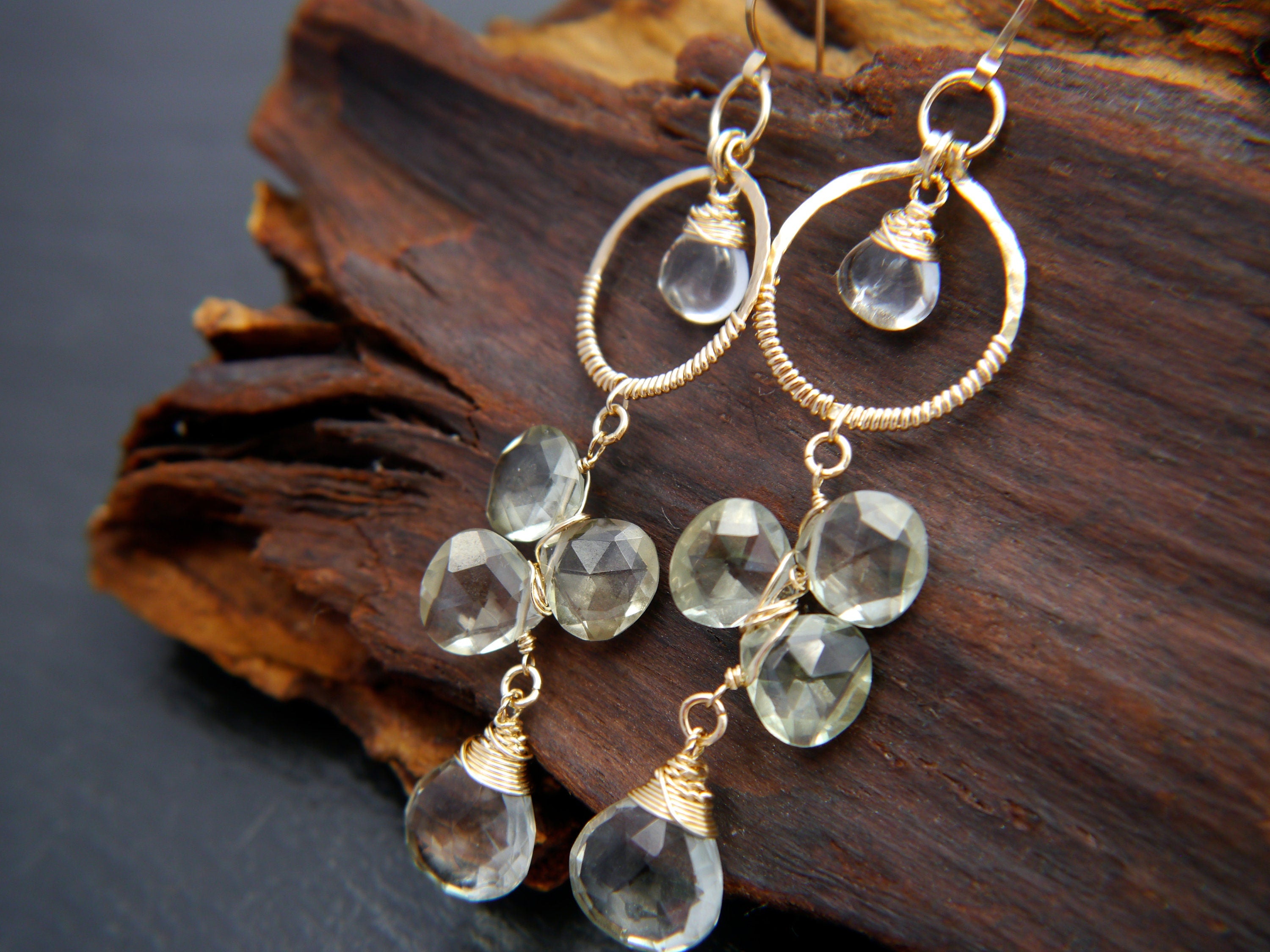 Green Amethyst Long Dangle Floral ChandelierGemstone Earrings, 14K Gold Filled Bridal