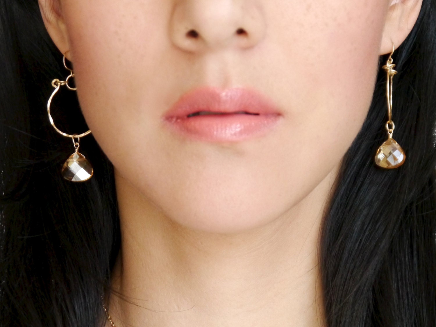 Champagne Crystal Briolette Hoop Gemstone Earrings, 14K Gold Filled Minimalist Style