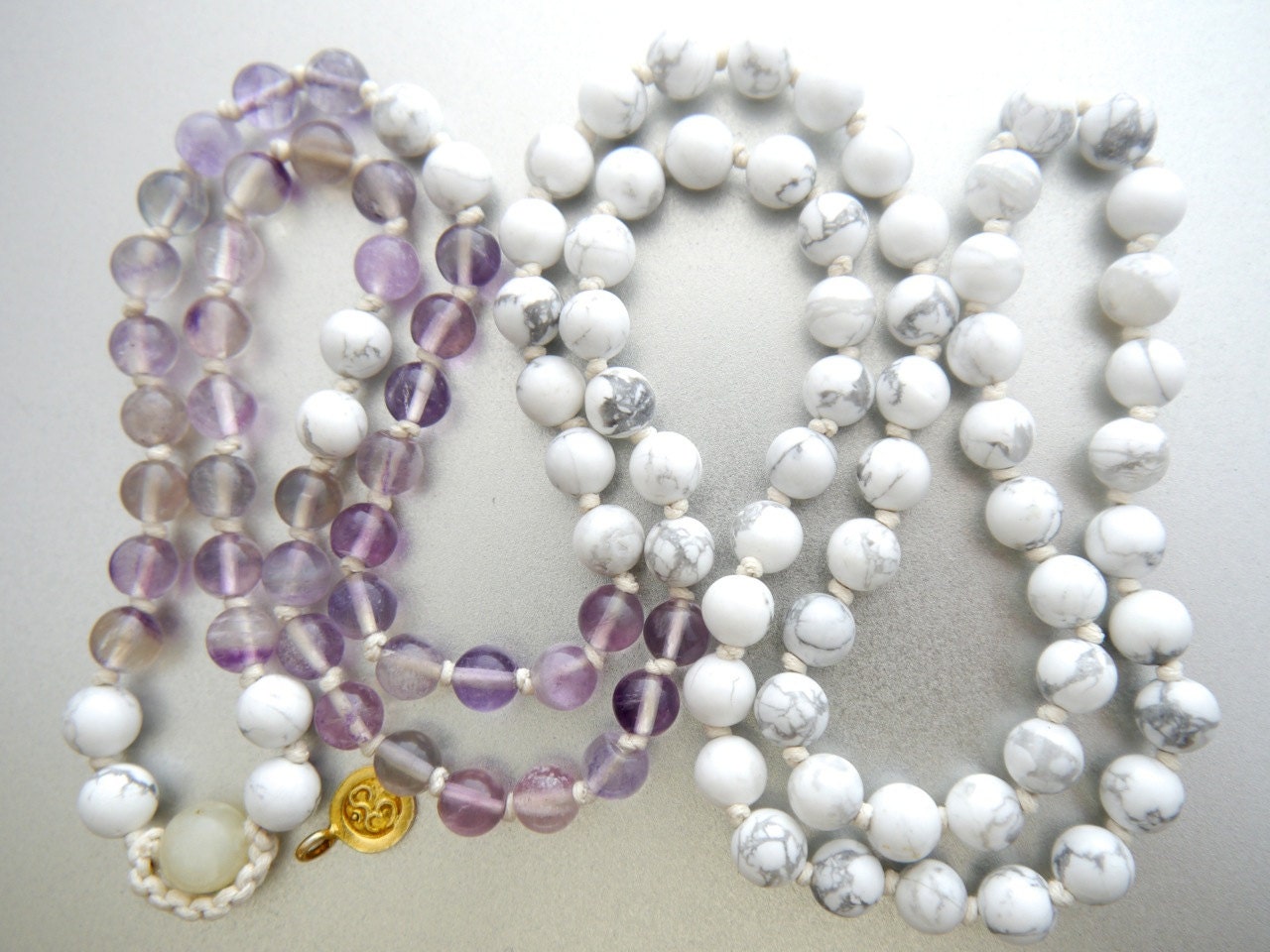 White Howlite Fluorite Mala Beads, 108 Gemstone Beads, Wrap, Hand Knotted