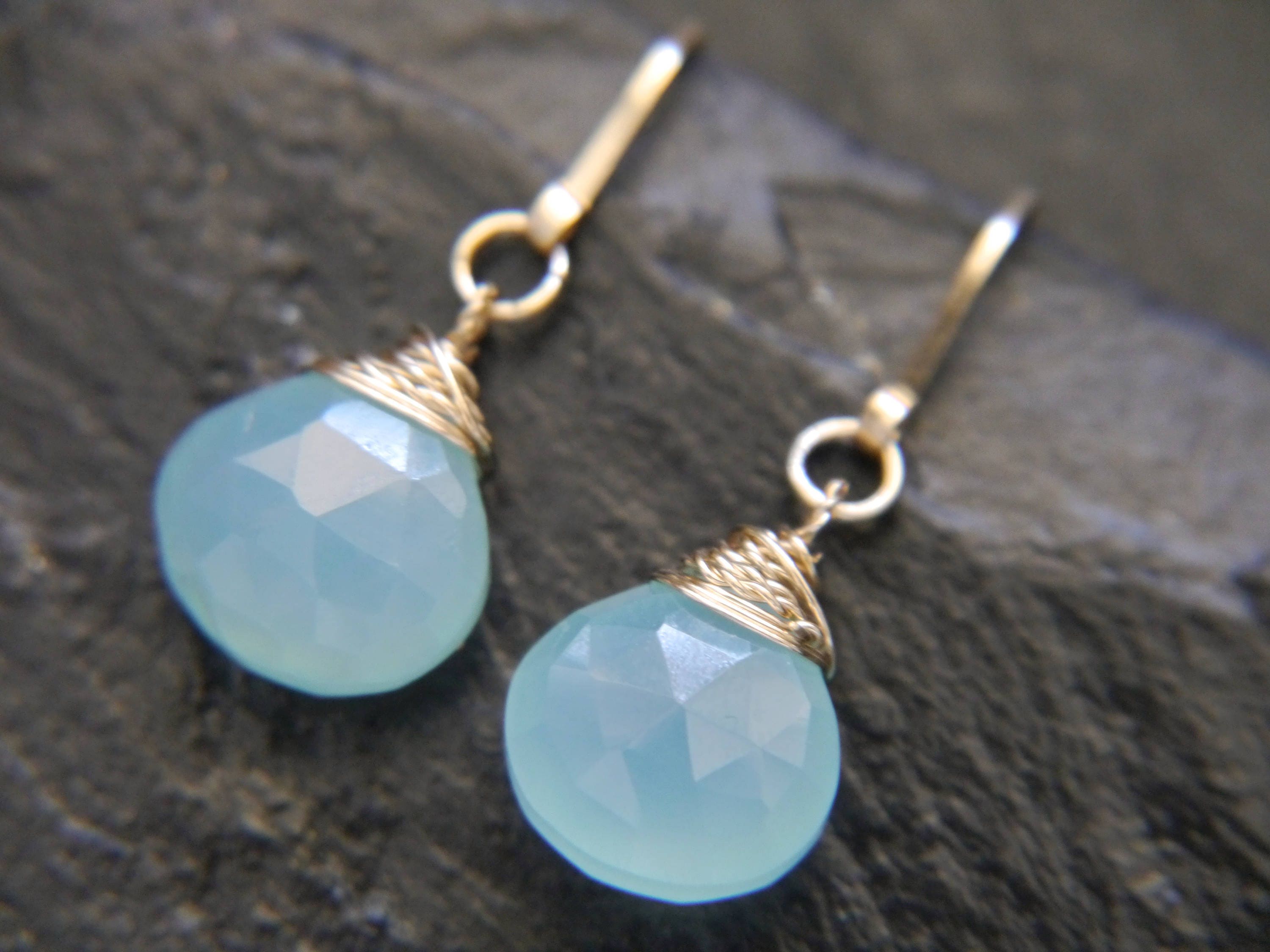 Aqua Chalcedony Heart Briolette Teardrop Gemstone Earrings, 14K Gold Filled Romantic Gift