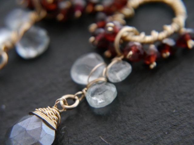 Garnet Labradorite Aquamarine Floral Chandelier Gemstone Earrings, 14K Gold Filled