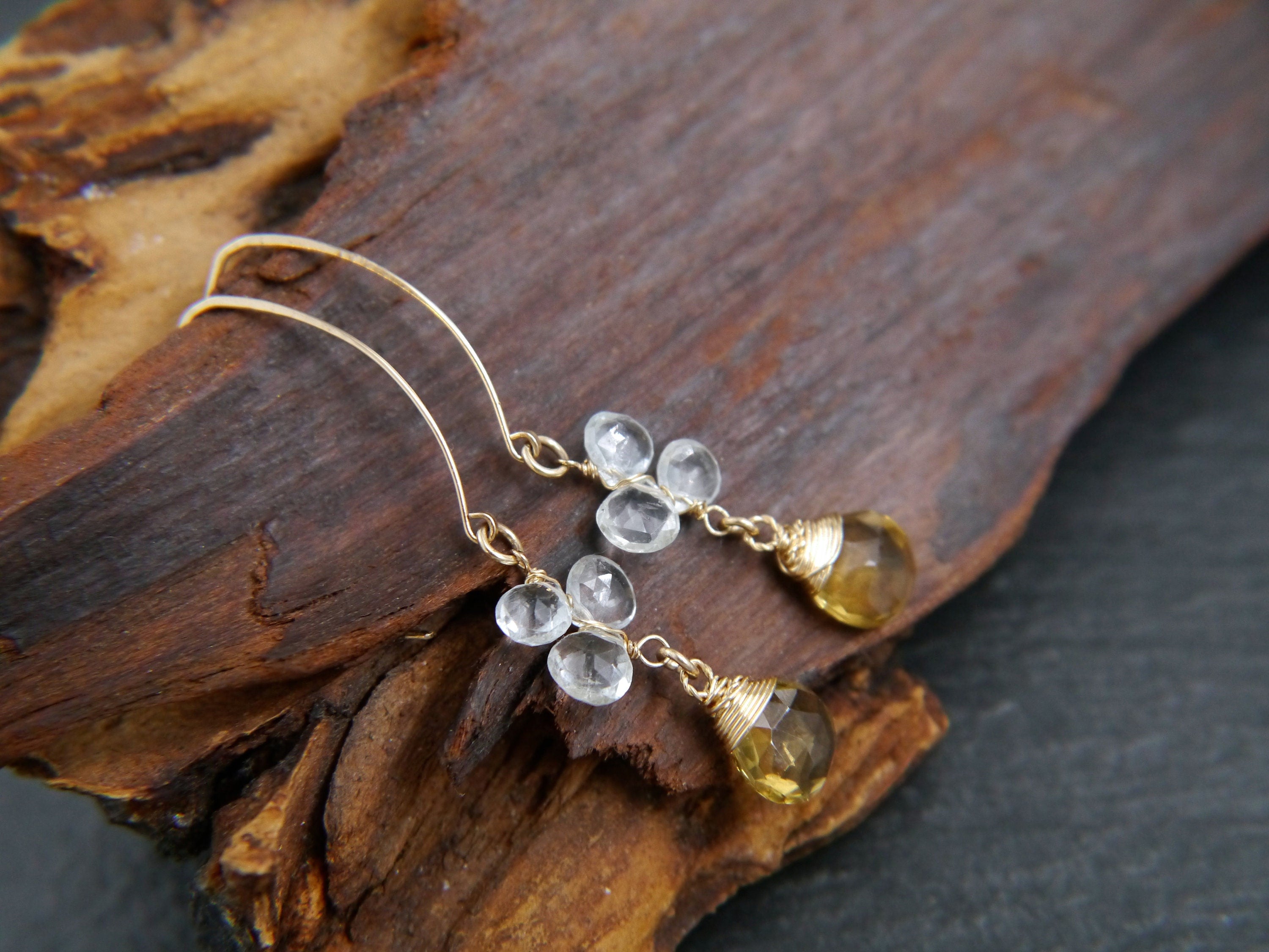 Aquamarine Citrine Floral Hoop Gemstone Earrings, 14K Gold Filled Bohemian Chic