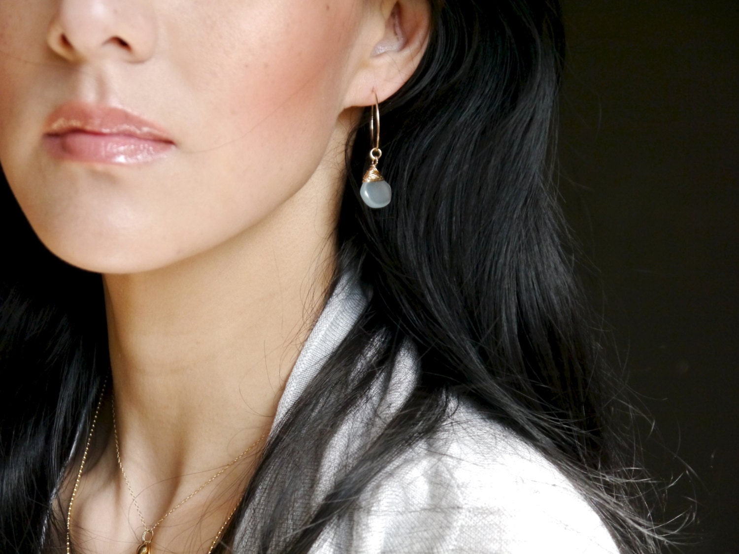 Aqua Chalcedony Heart Teardrop Hoop Gemstone Earrings, 14K Gold Filled Romantic