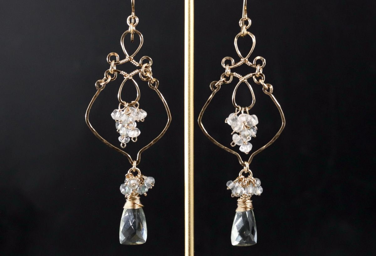 Green Amethyst Pink Opal Floral Chandelier Gemstone Earrings, 14K Gold Filled Bridal