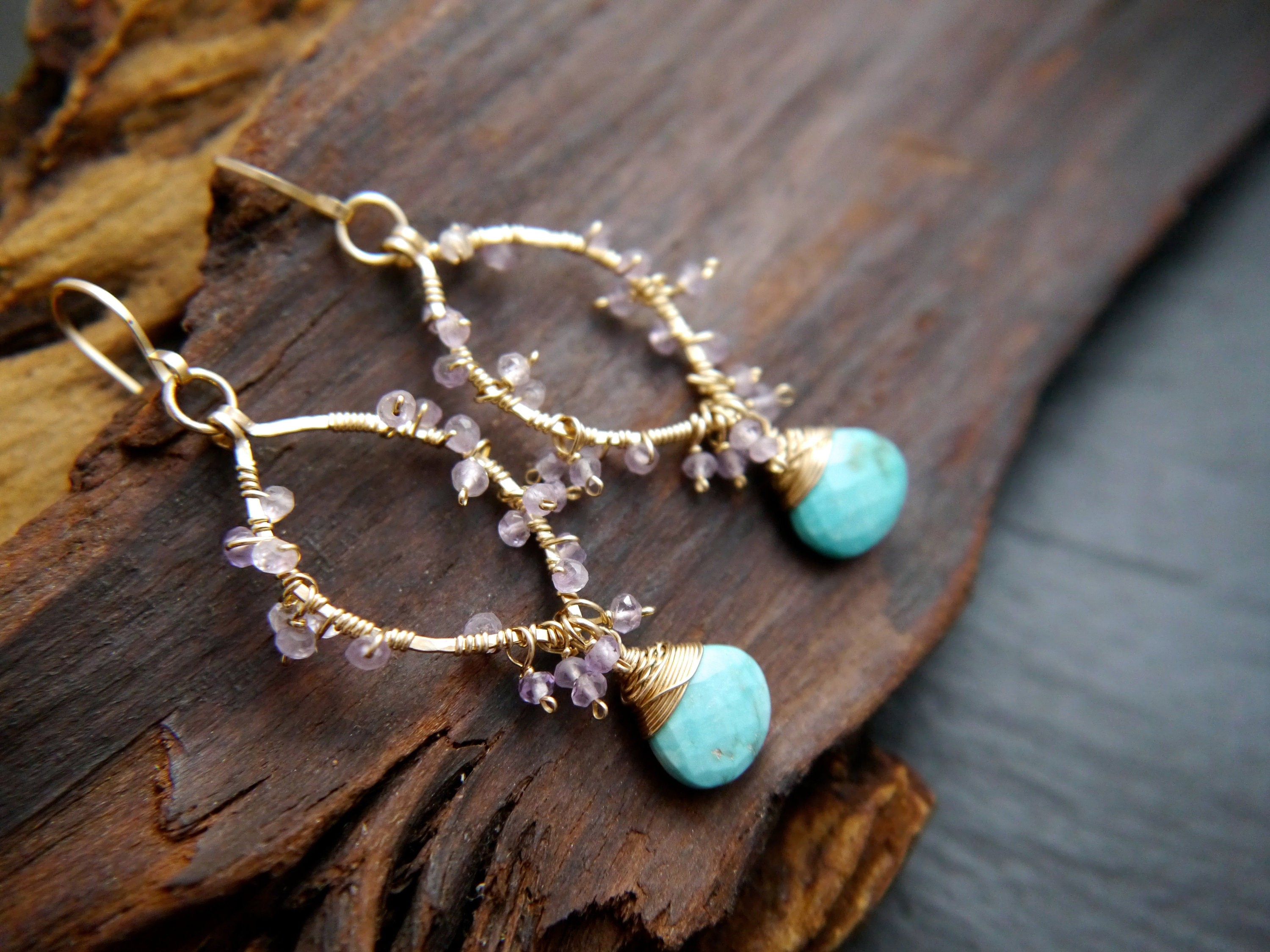 Turquoise Amethyst Floral Gemstone Earrings, 14K Gold Filled Botanical Jewelry