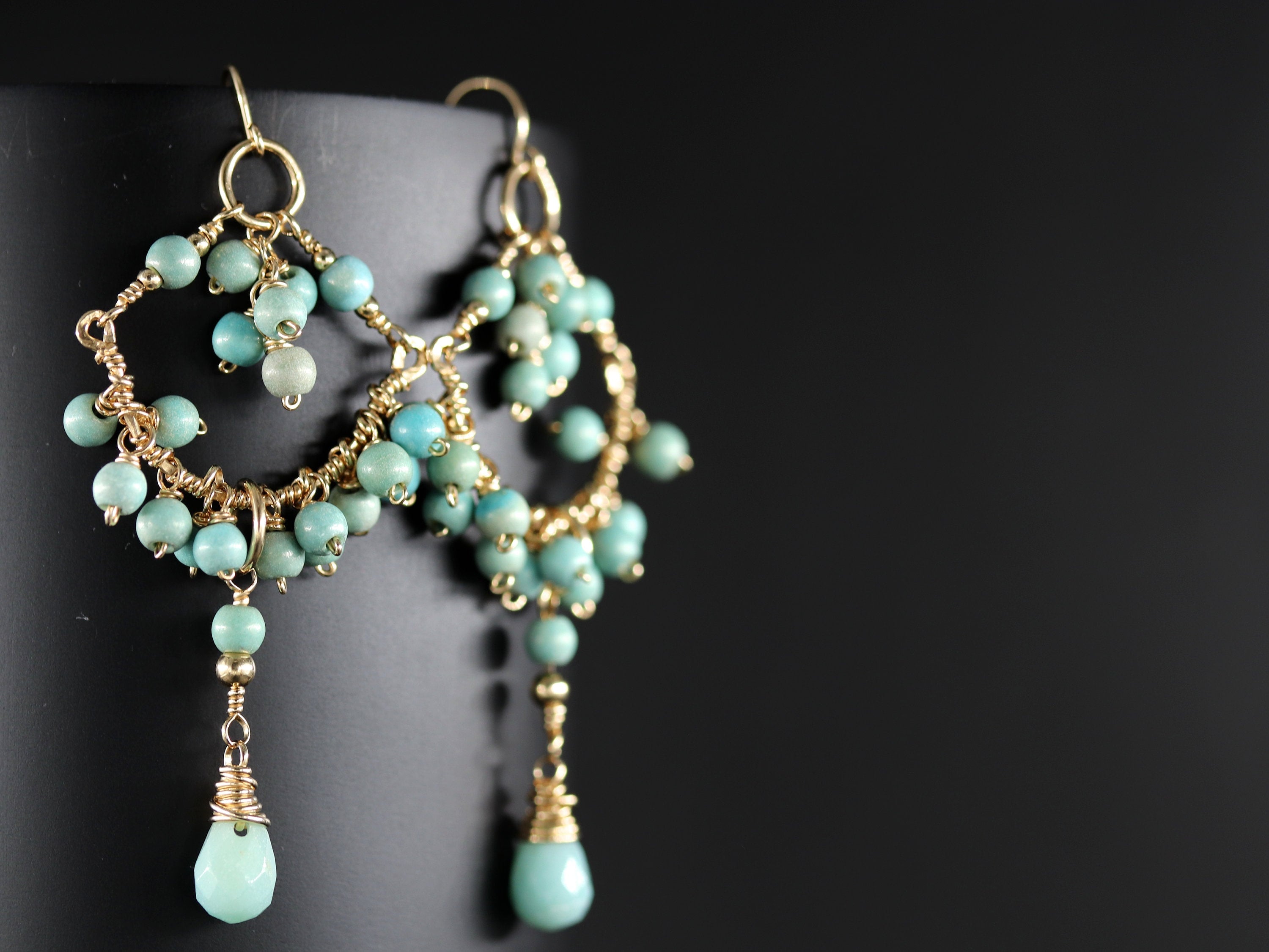 Amazonite Turquoise Chandelier Earrings, 14K Gold Filled Boho Statement Dangle, Coastal Jewelry