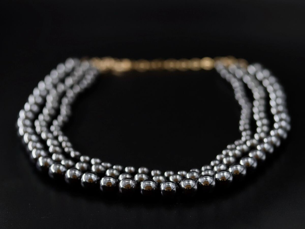 Hematite Multi Strand Bib Necklace Gold Filled, Statement Jewelry