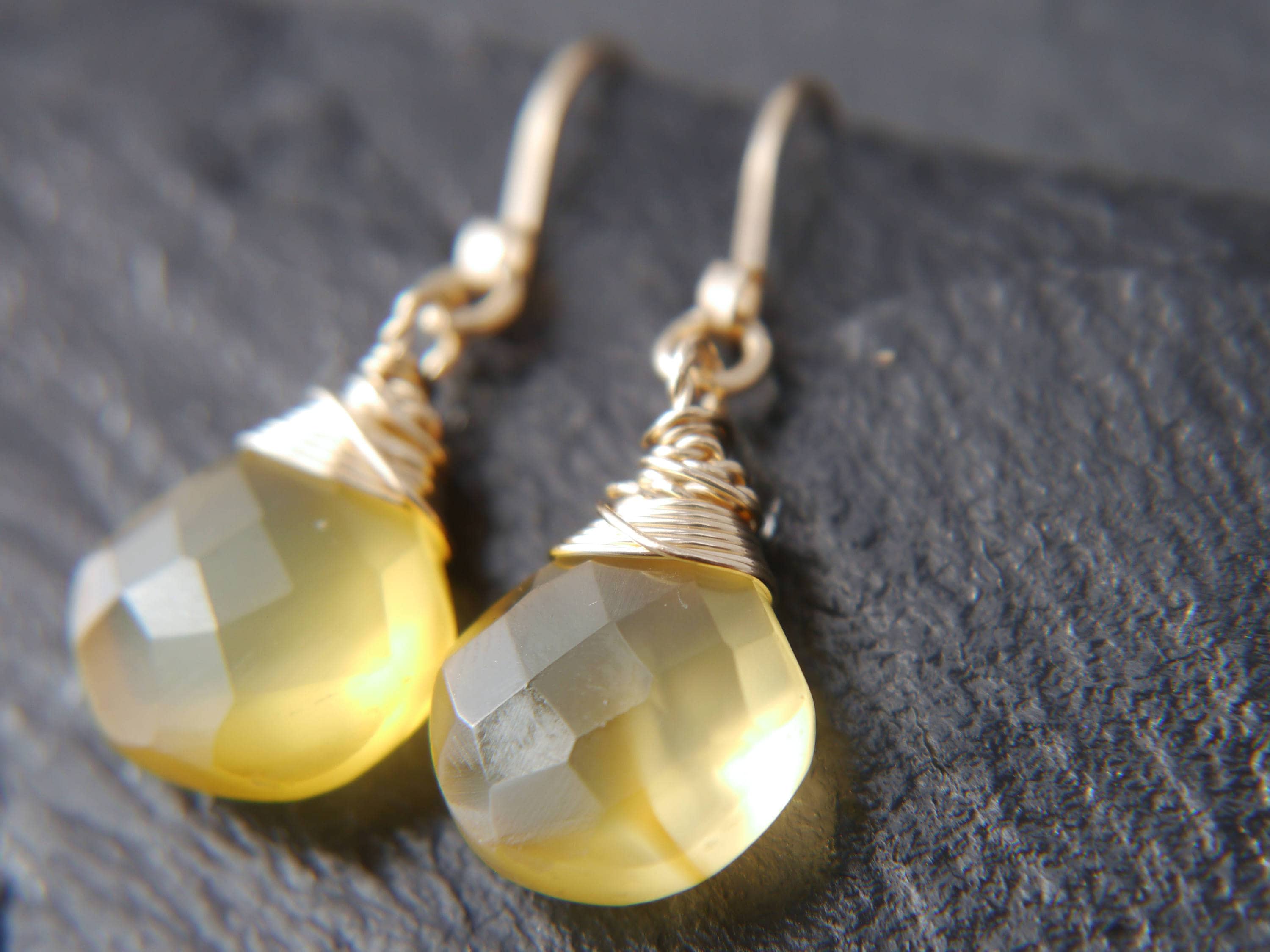 Yellow Chalcedony Heart Briolette Drop Gemstone Earrings, 14K Gold Filled Minimalist