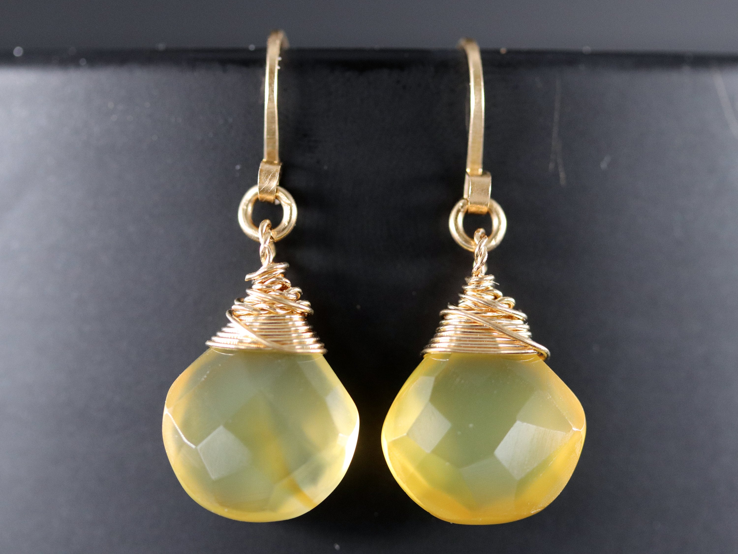 Yellow Chalcedony Heart Briolette Drop Gemstone Earrings, 14K Gold Filled Minimalist