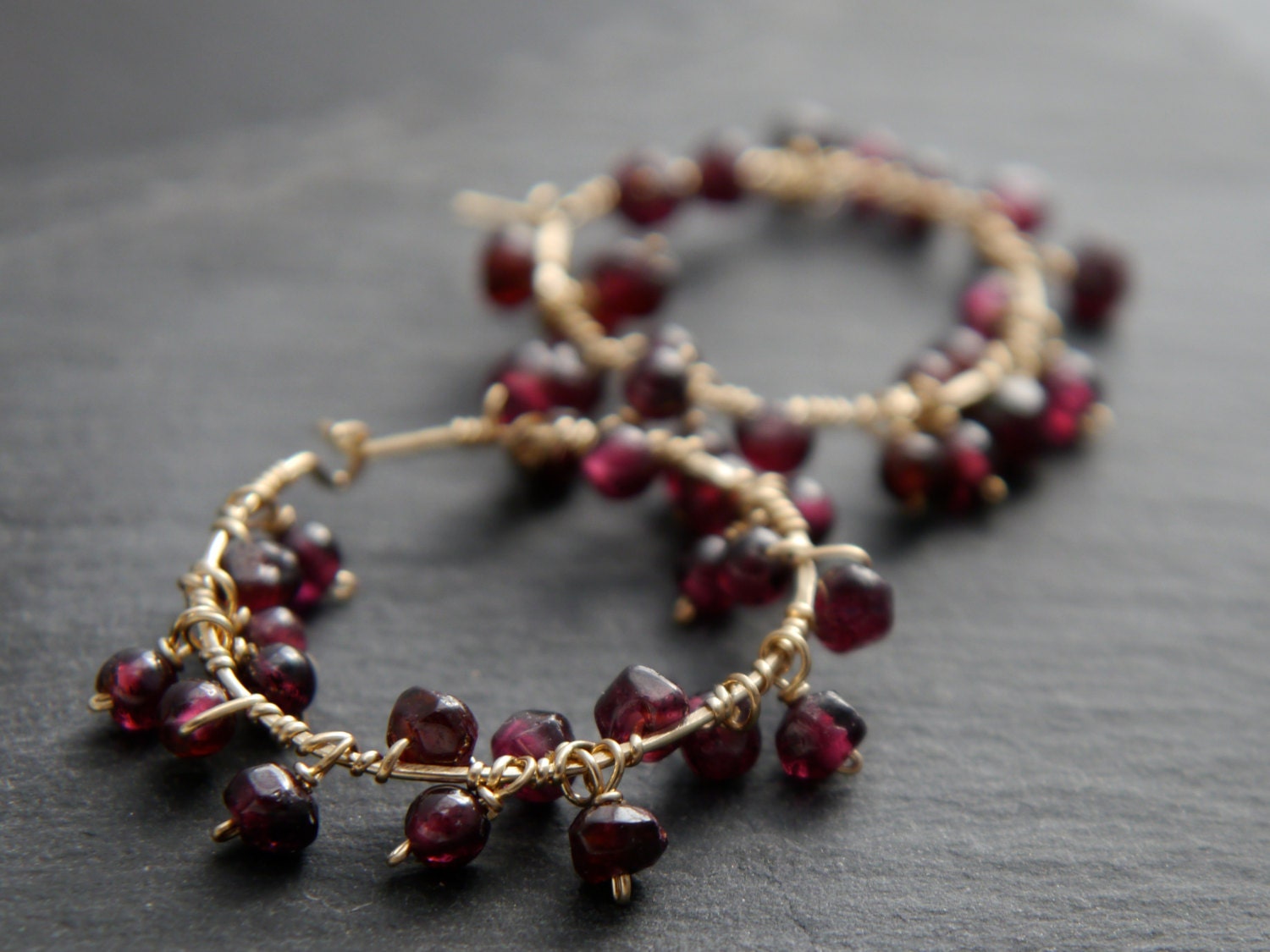Garnet Hoop Gemstone Earrings, 14K Gold Filled Bohemian Style
