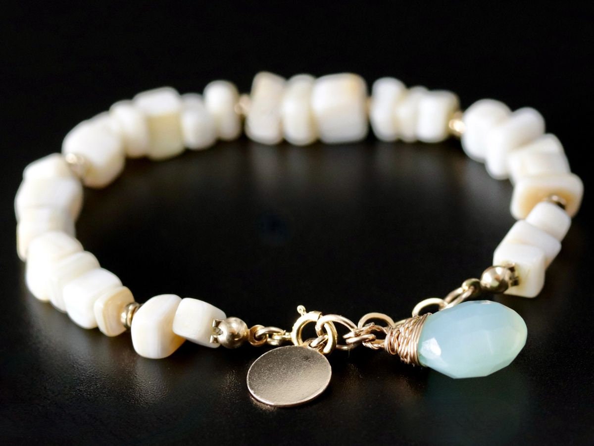 Mother of Pearl Aqua Chalcedony Beaded Gemstone Bracelet – 14K Gold Filled Jewelry