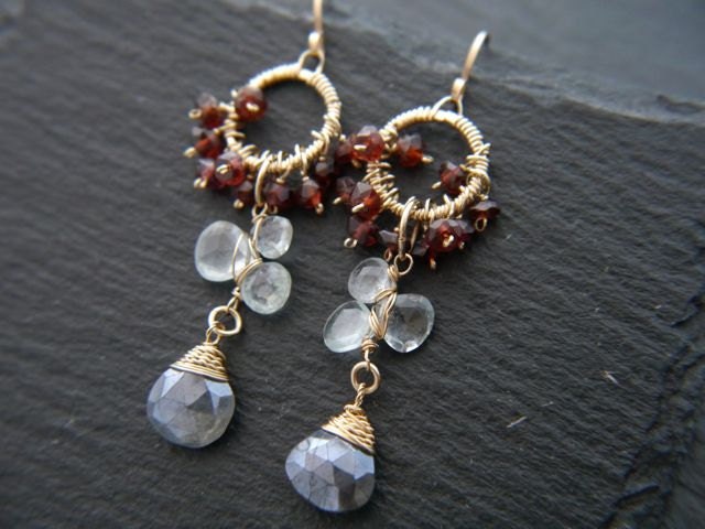 Garnet Labradorite Aquamarine Floral Chandelier Gemstone Earrings, 14K Gold Filled