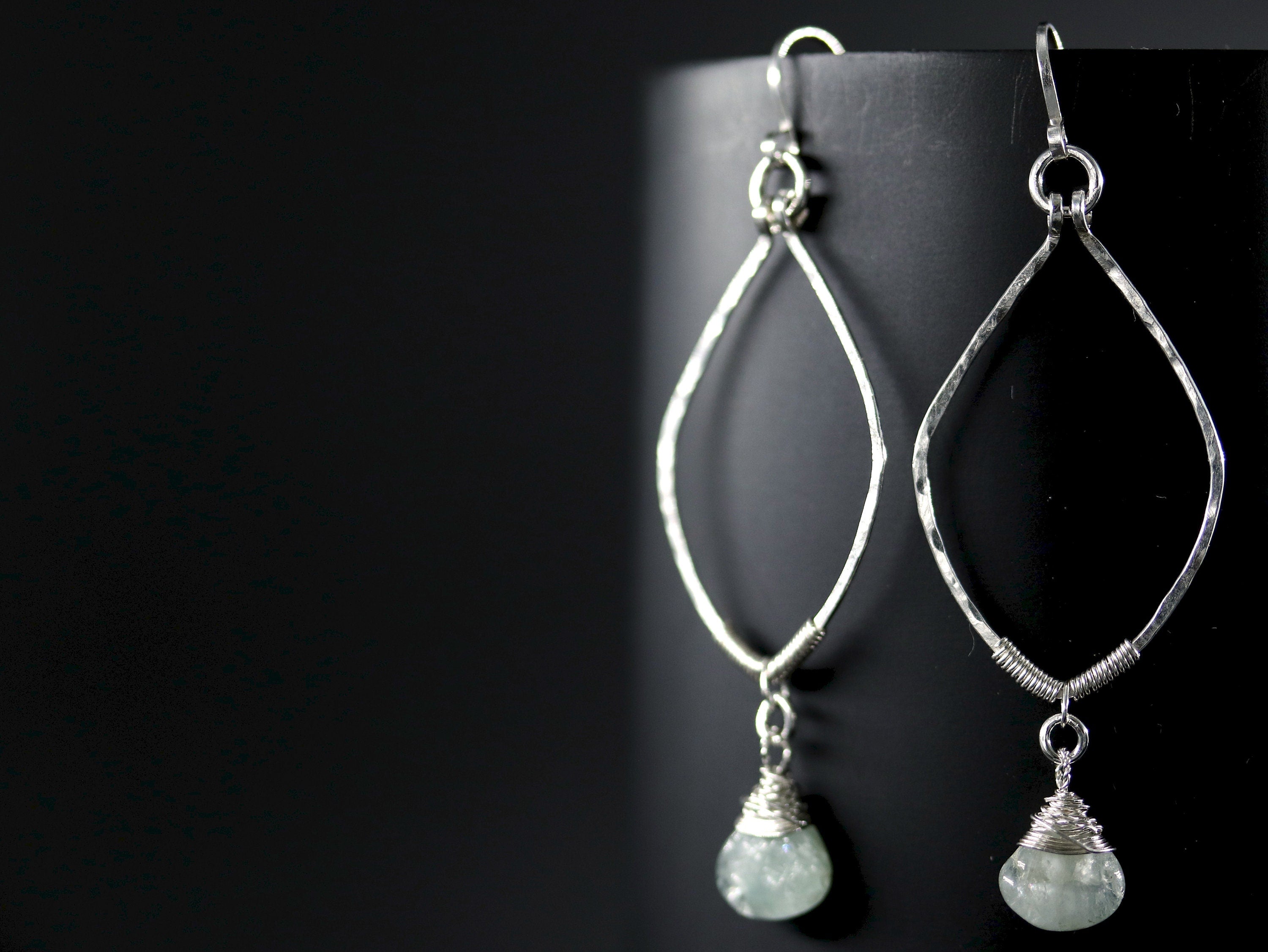 Aquamarine Leaf Dangle Gemstone Earrings, Sterling Silver, Nature Inspired