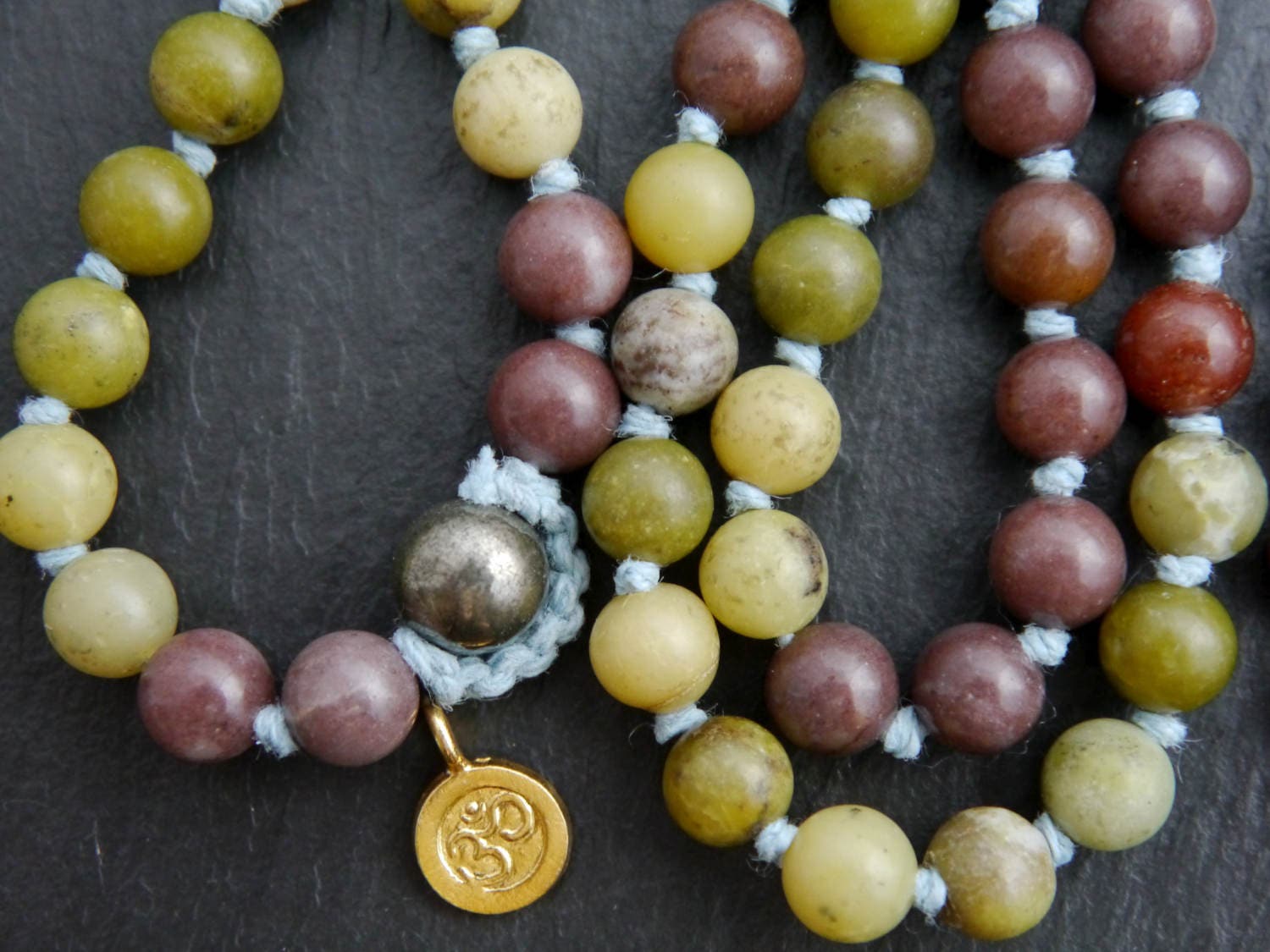 Olive Serpentine Purple Aventurine 108 Mala Beads, Hand-Knotted
