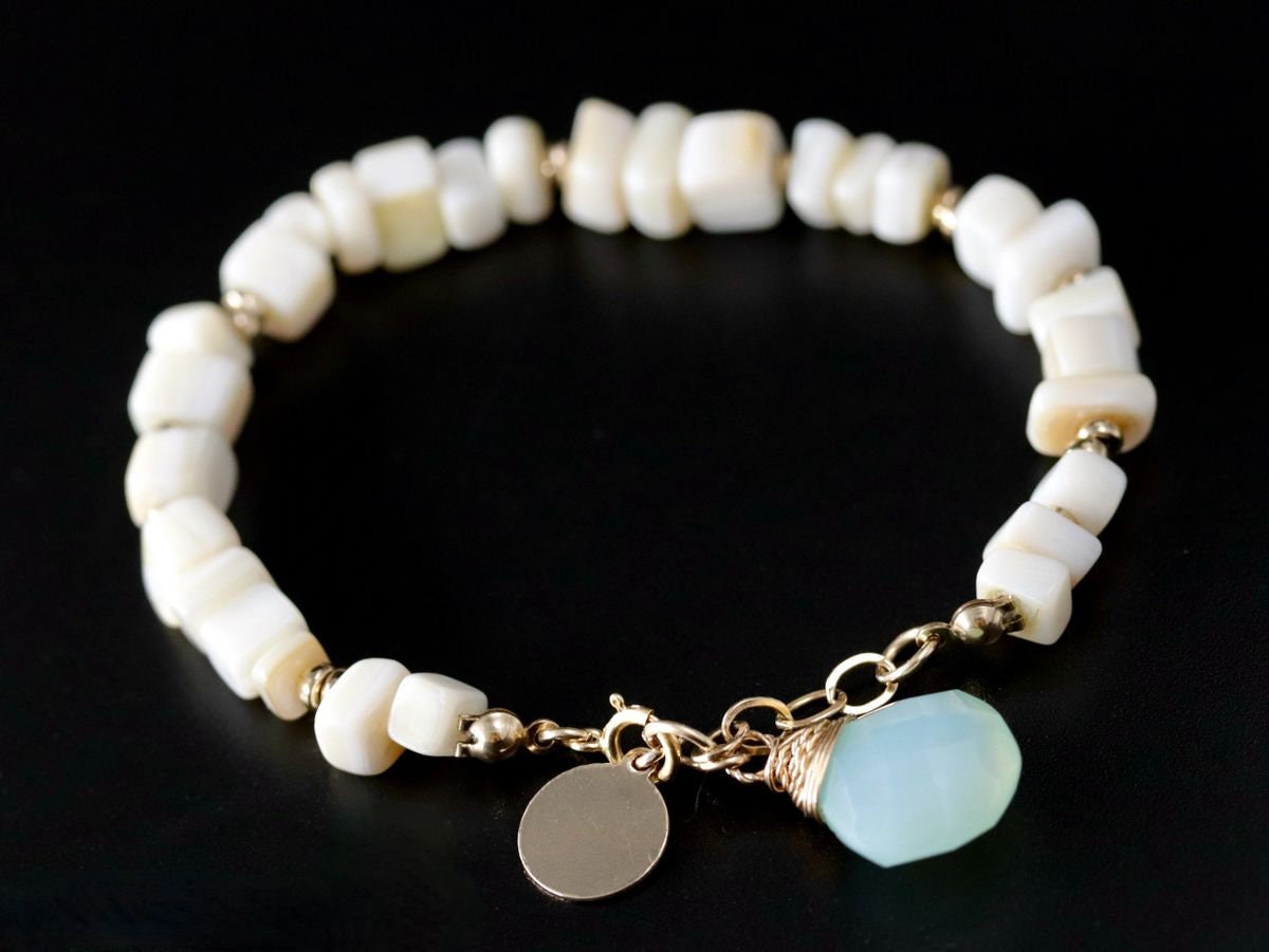 Mother of Pearl Aqua Chalcedony Beaded Gemstone Bracelet – 14K Gold Filled Jewelry