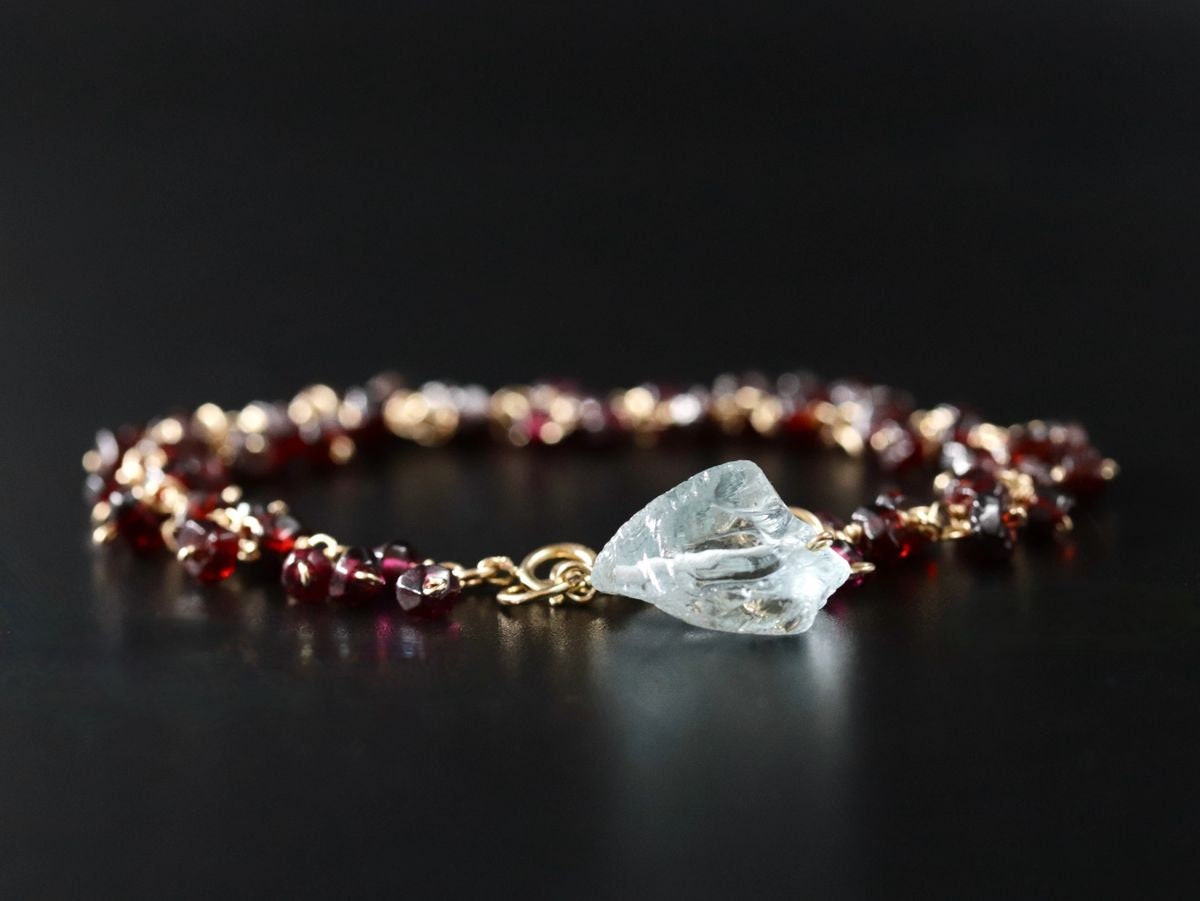 Garnet Aquamarine Gemstone Bracelet, 14K Gold Filled Raw , January Birthstone