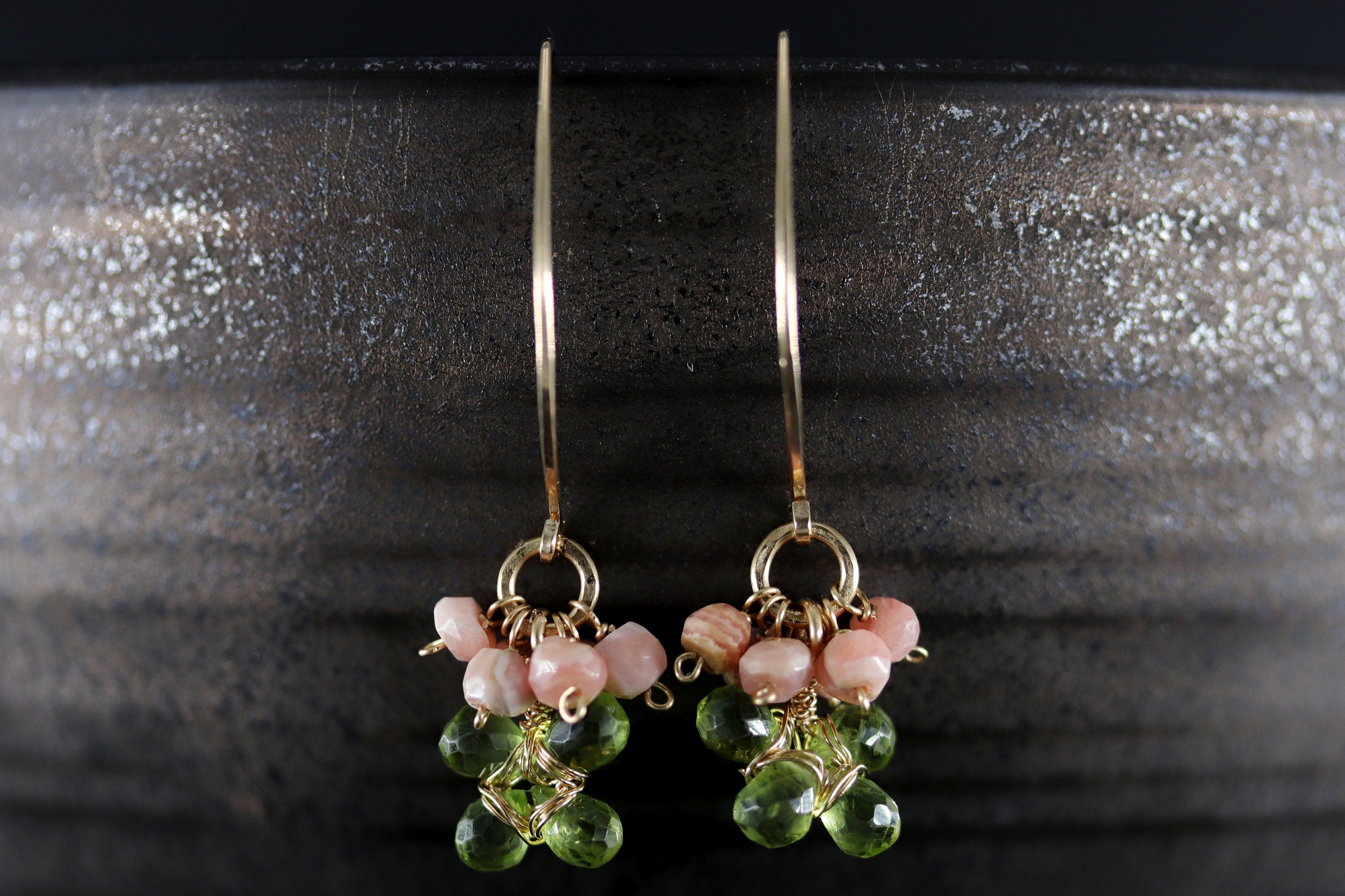 Peridot Rhodonite Floral Cluster Hoop Gemstone Earrings, 14K Gold Filled Botanicals