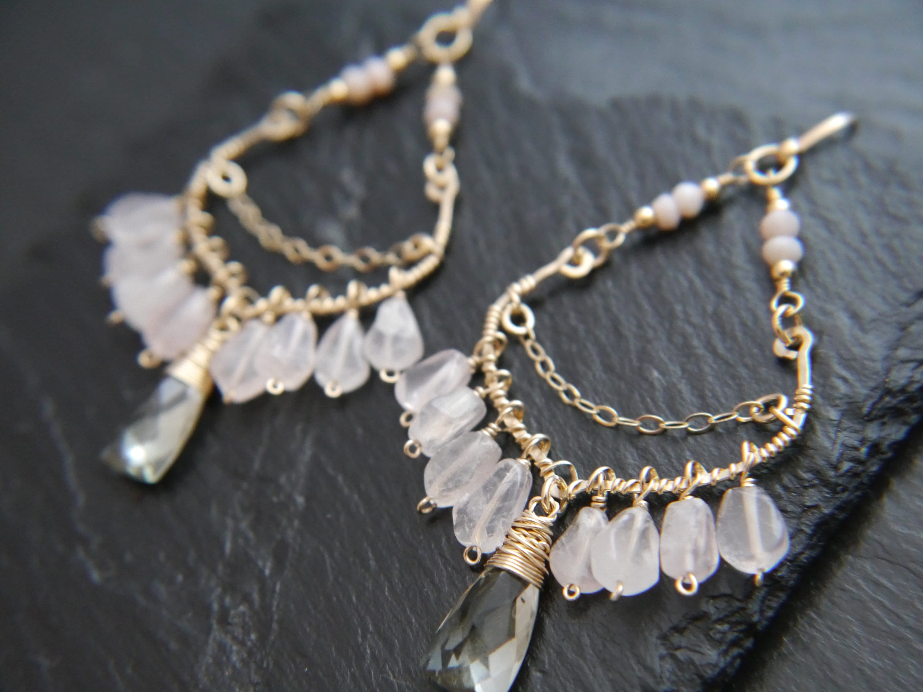 Pink Rose Quartz Bohemian Chandelier Fringe Gemstone Earrings, 14K Gold Filled Boho