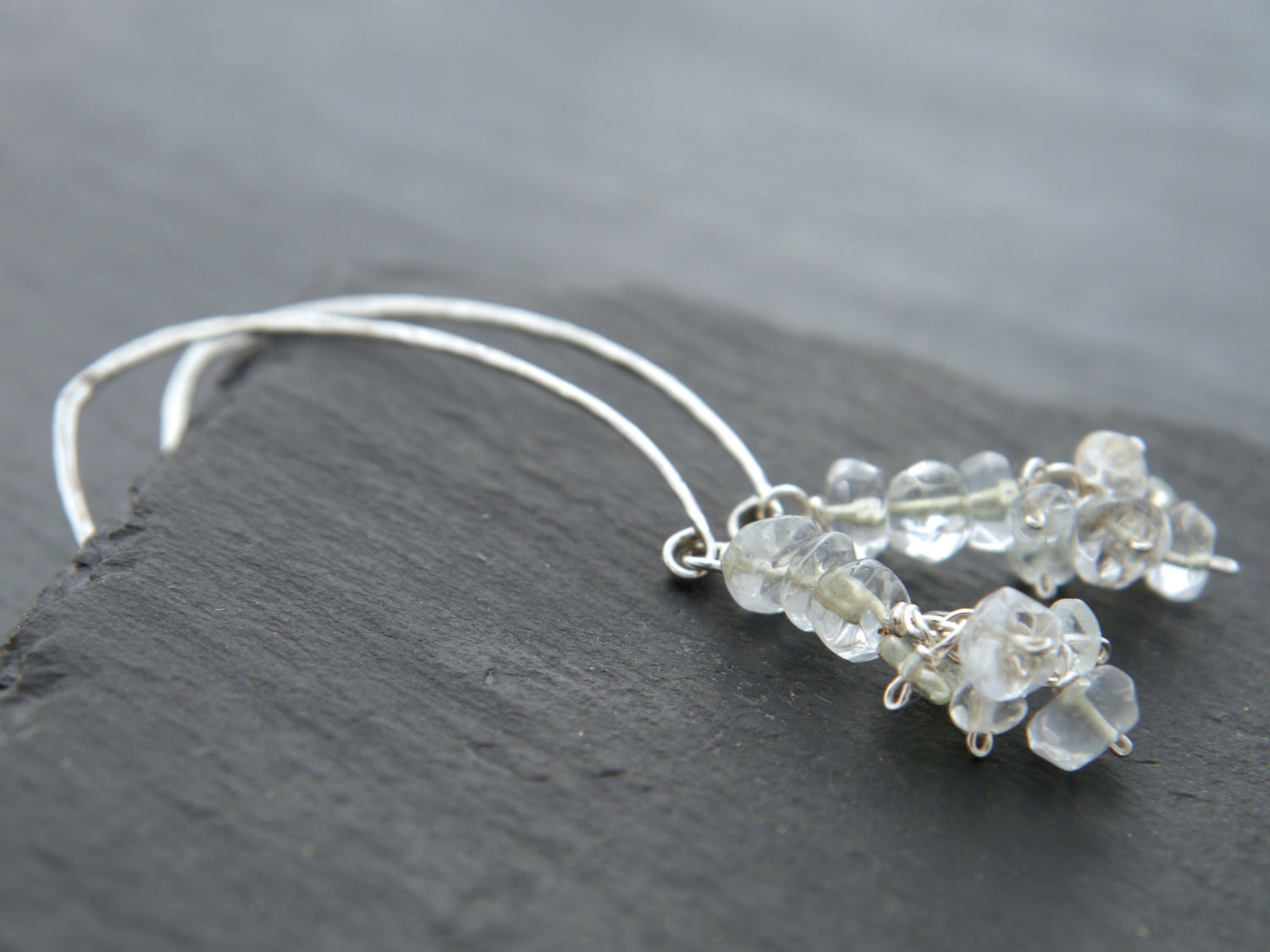 Quartz Long Dangle Hoop Wire Wrapped Gemstone Earrings, Sterling Silver Wedding Jewelry