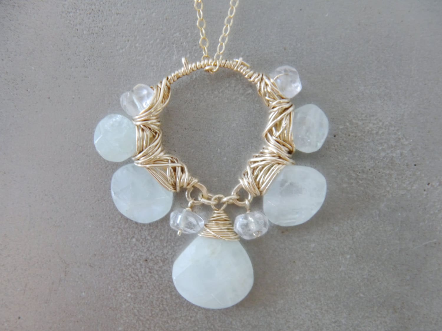 Aquamarine Flower Pendant Gemstone Necklace, 14K Gold Filled, Bohemian Wedding