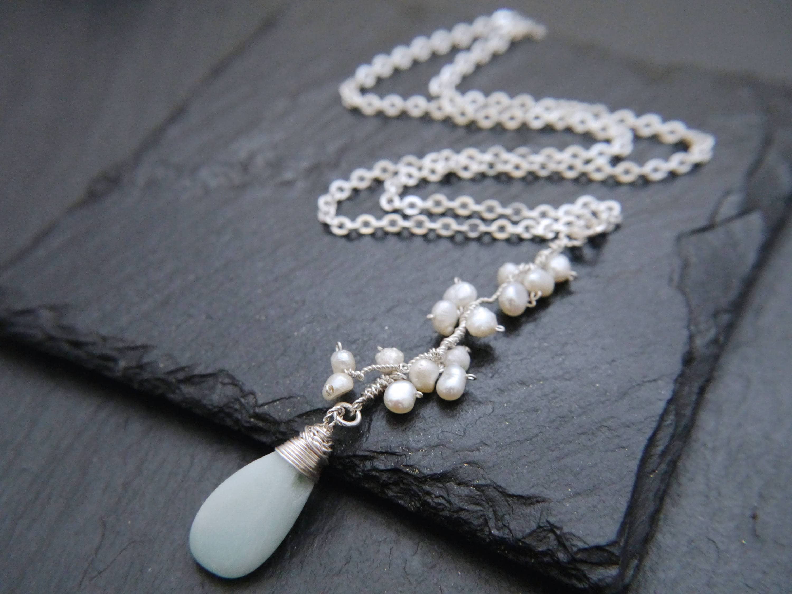 Amazonite White Pearl Floral Vine Pendant Gemstone Necklace, Sterling Silver, Wedding Jewelry