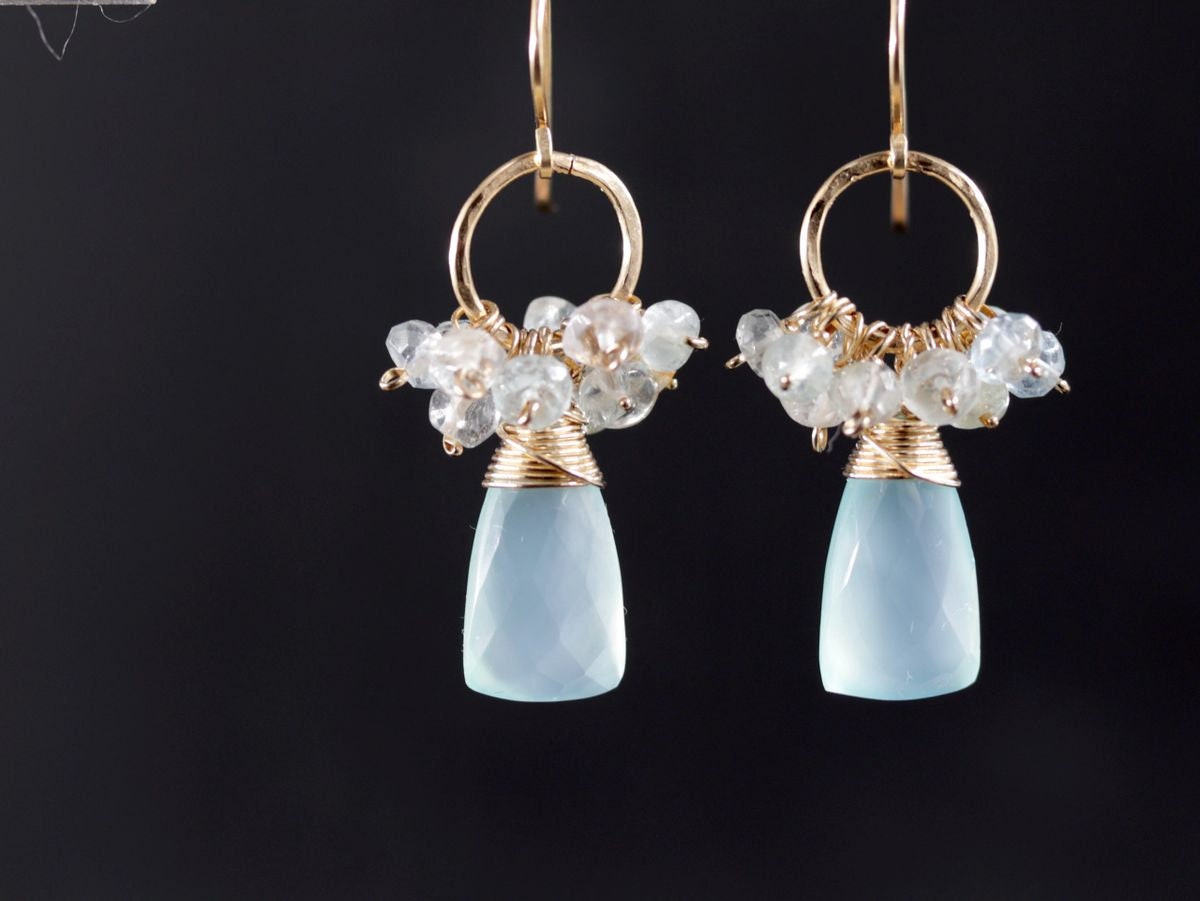 Labradorite Opal Cluster Gemstone Earrings, 14K Gold Filled Bohemian Wedding