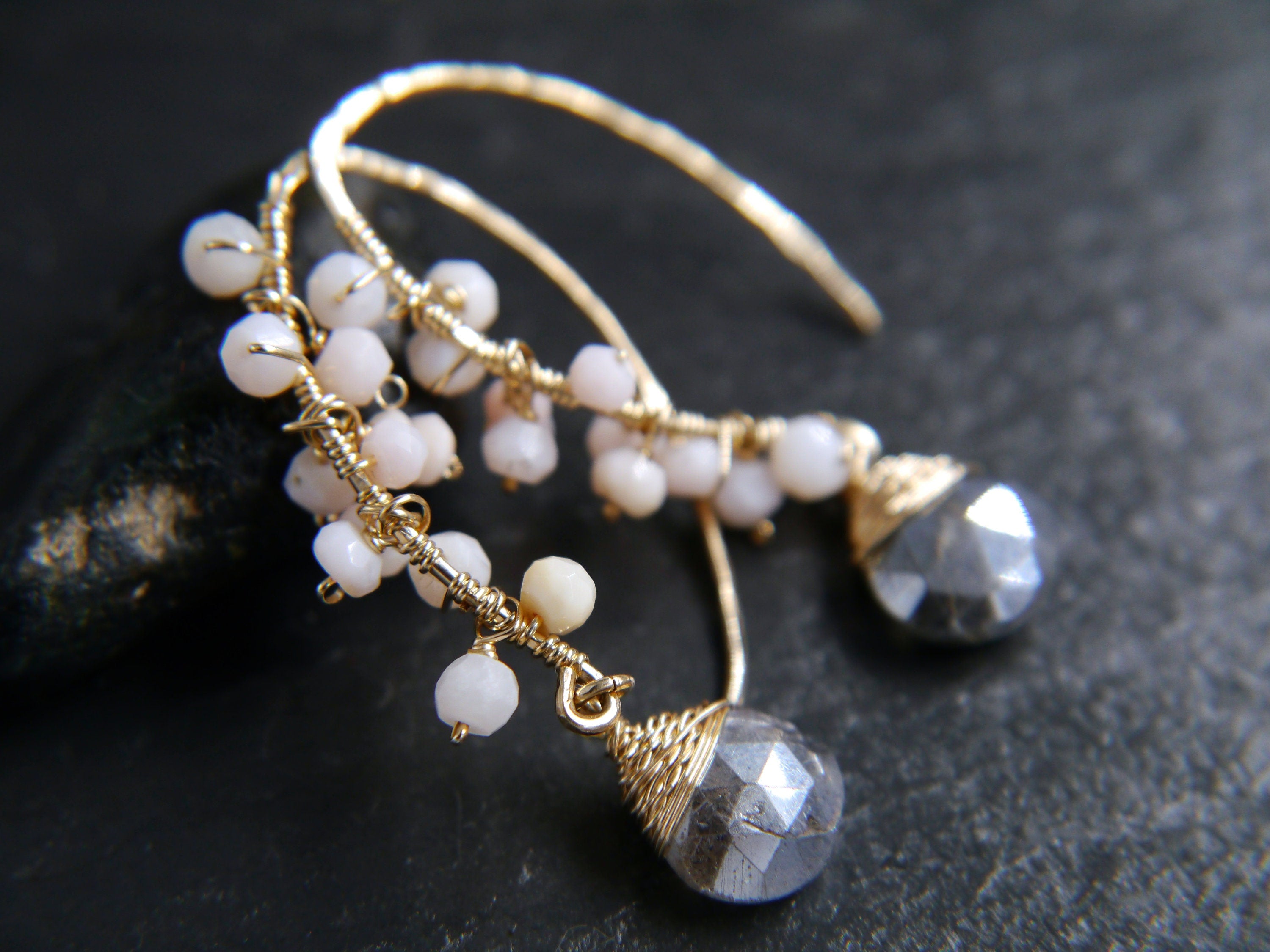 Labradorite Pink Opal Floral Hoop Gemstone Earrings, 14K Gold Filled Bohemian Jewelry