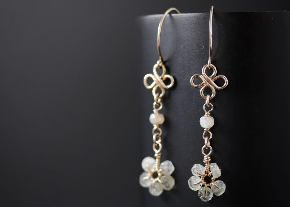 Moss Aquamarine Moonstone Long Dangle Floral Gemstone Earrings, 14K Gold Filled Bridal