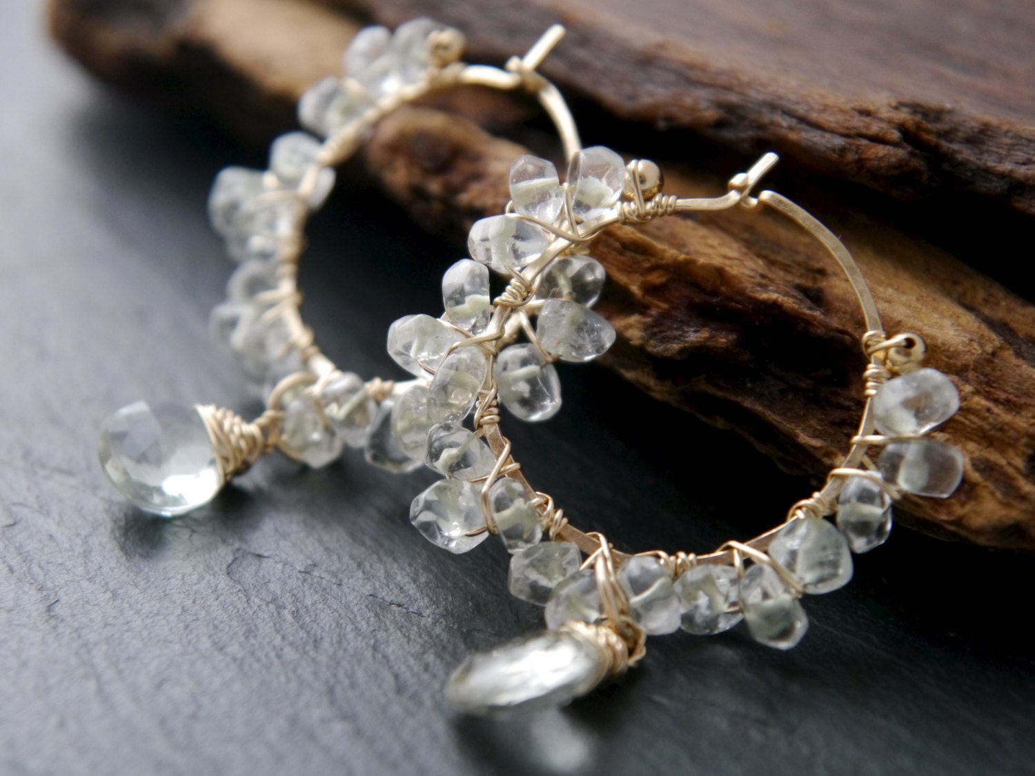Green Amethyst Floral Hoop Gemstone Earrings, 14K Gold Filled Bohemian Style