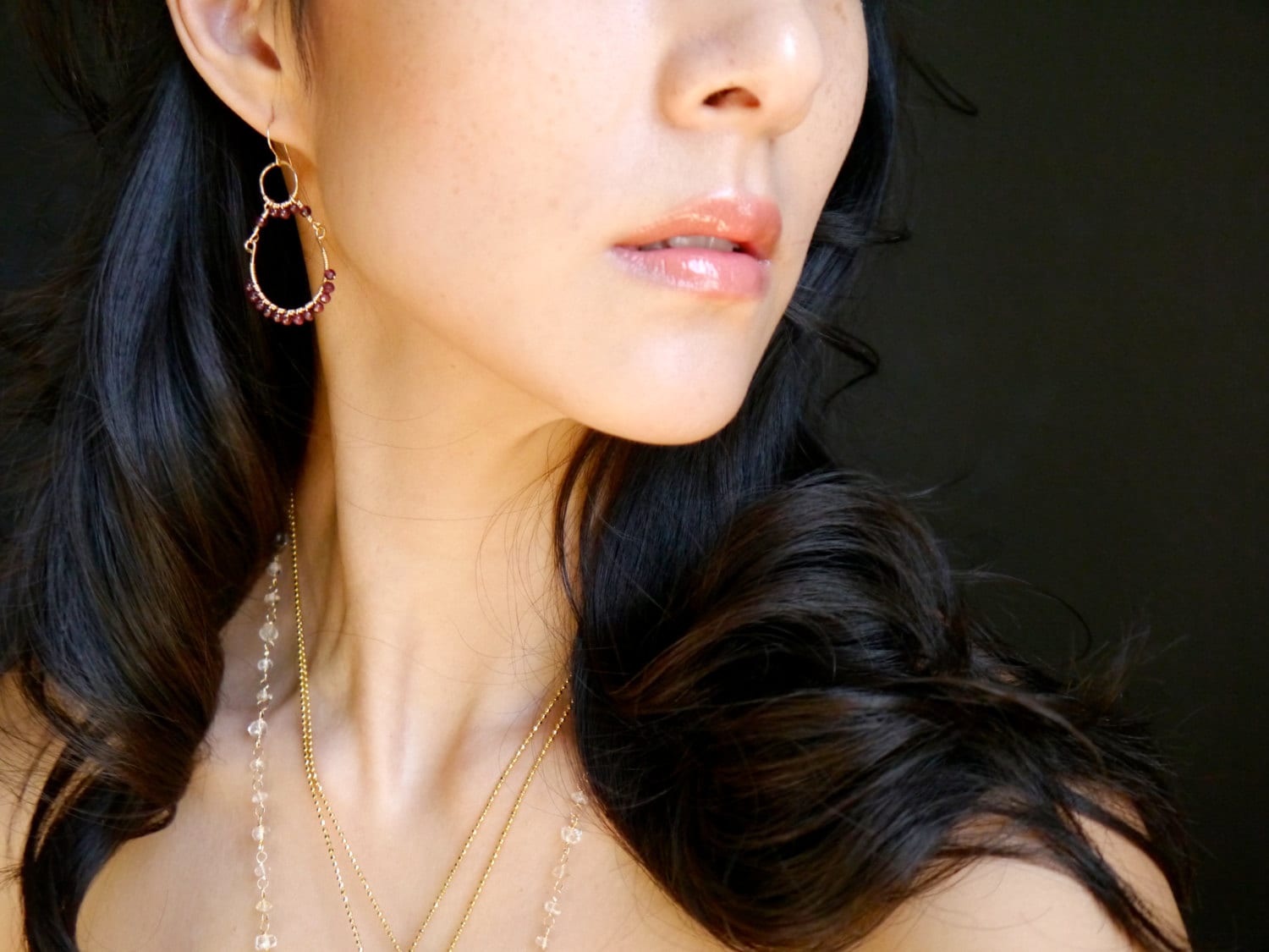 Red Garnet Petal Chandelier Hoop Gemstone Earrings, 14K Gold Filled