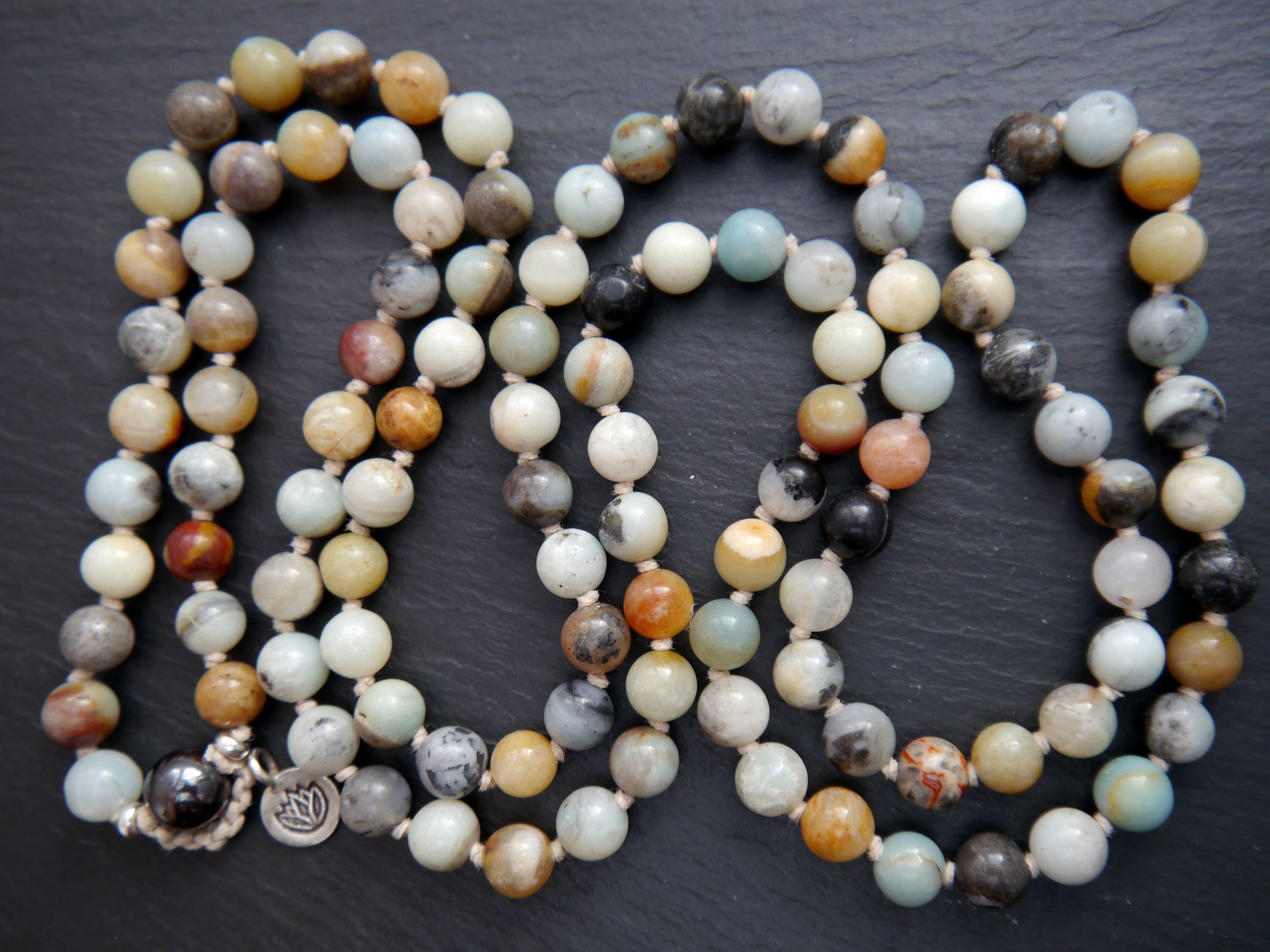 Multicolor Flower Amazonite Mala Beads, 108 Gemstone Beads, Wrap, Hand Knotted