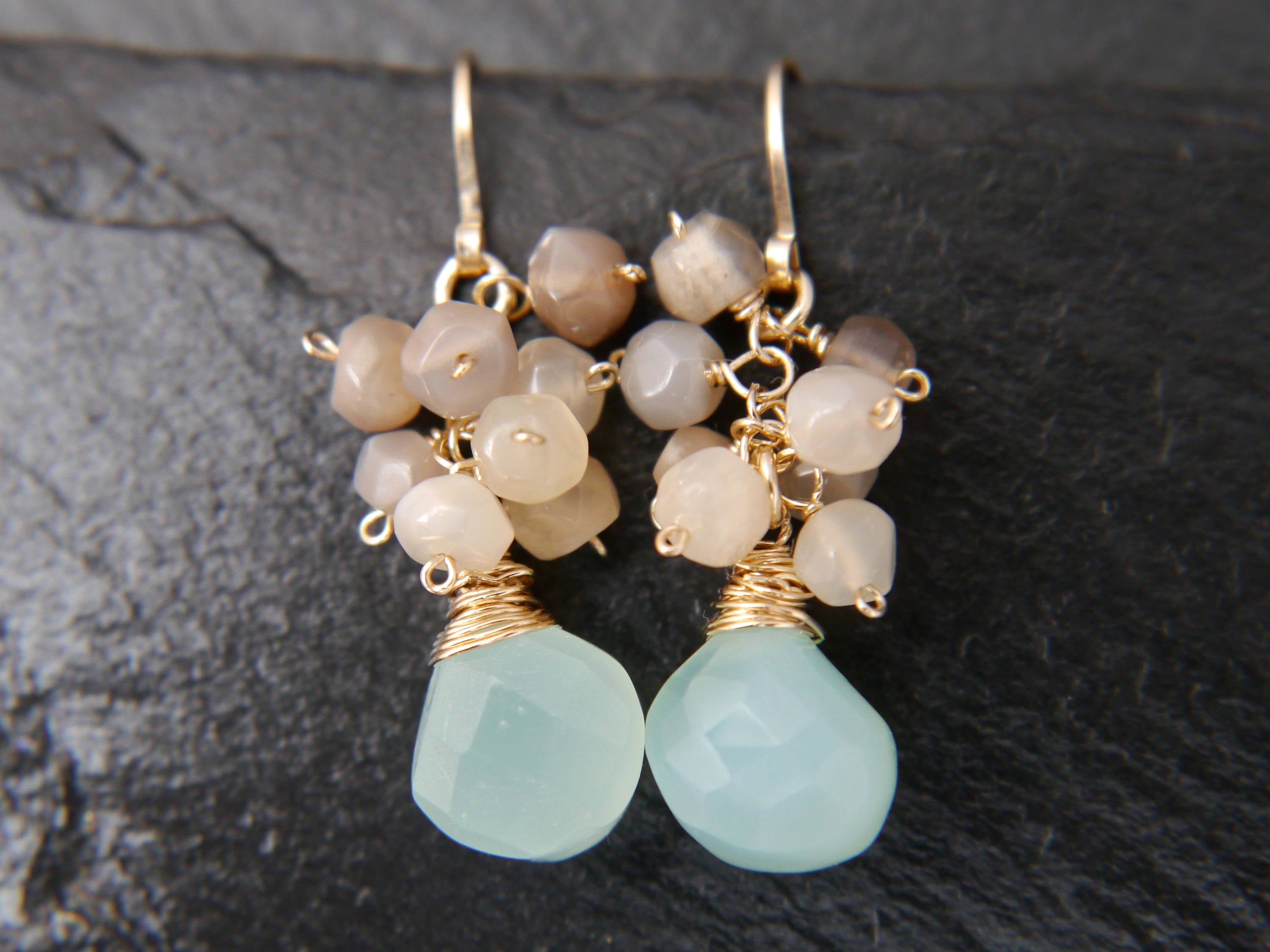Moonstone Cluster Aqua Chalcedony Heart Gemstone Earrings, 14K Gold Filled Romantic