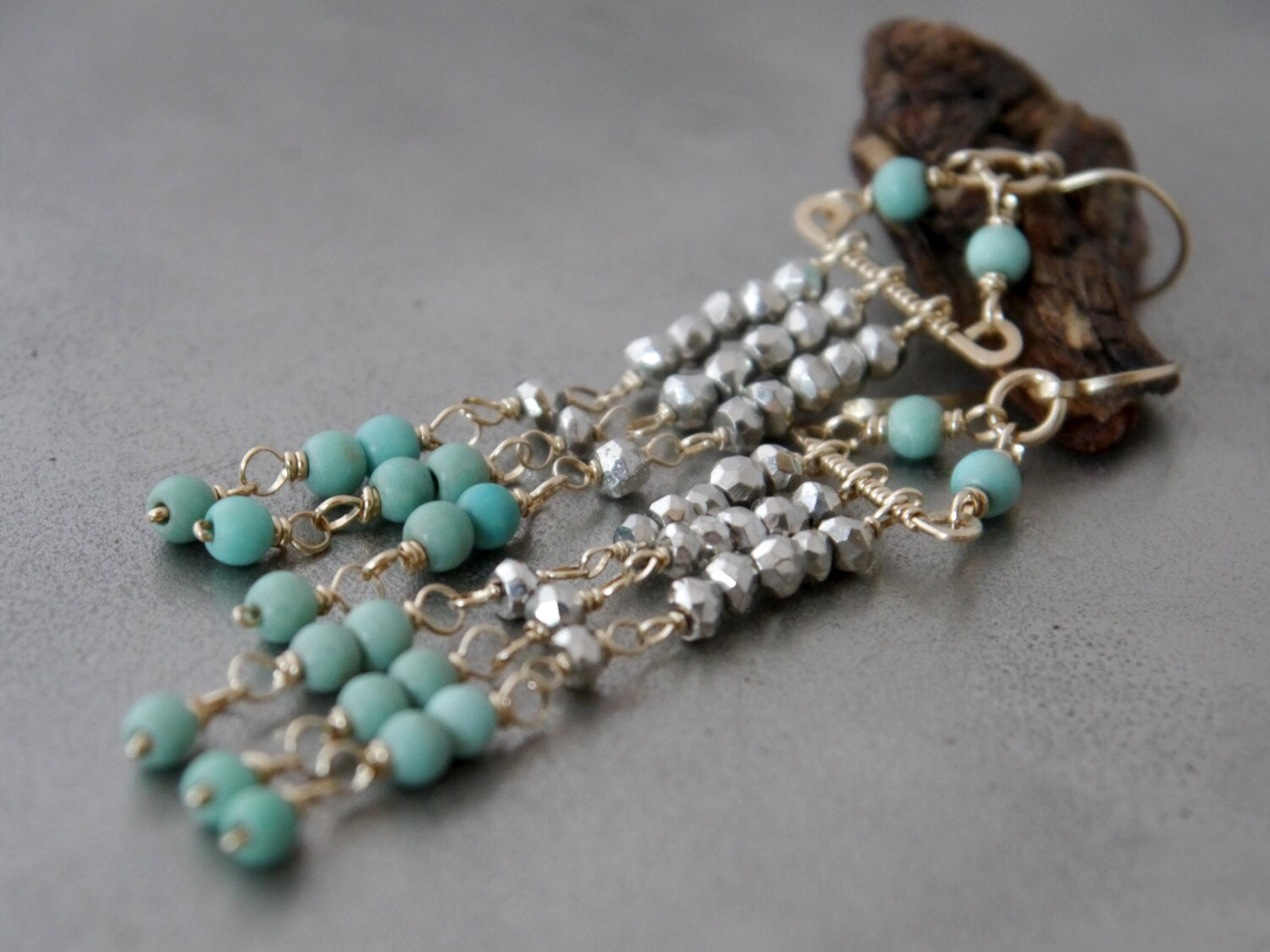 Turquoise Magnesite Pyrite Chandelier Gemstone Earrings, 14K Gold Filled