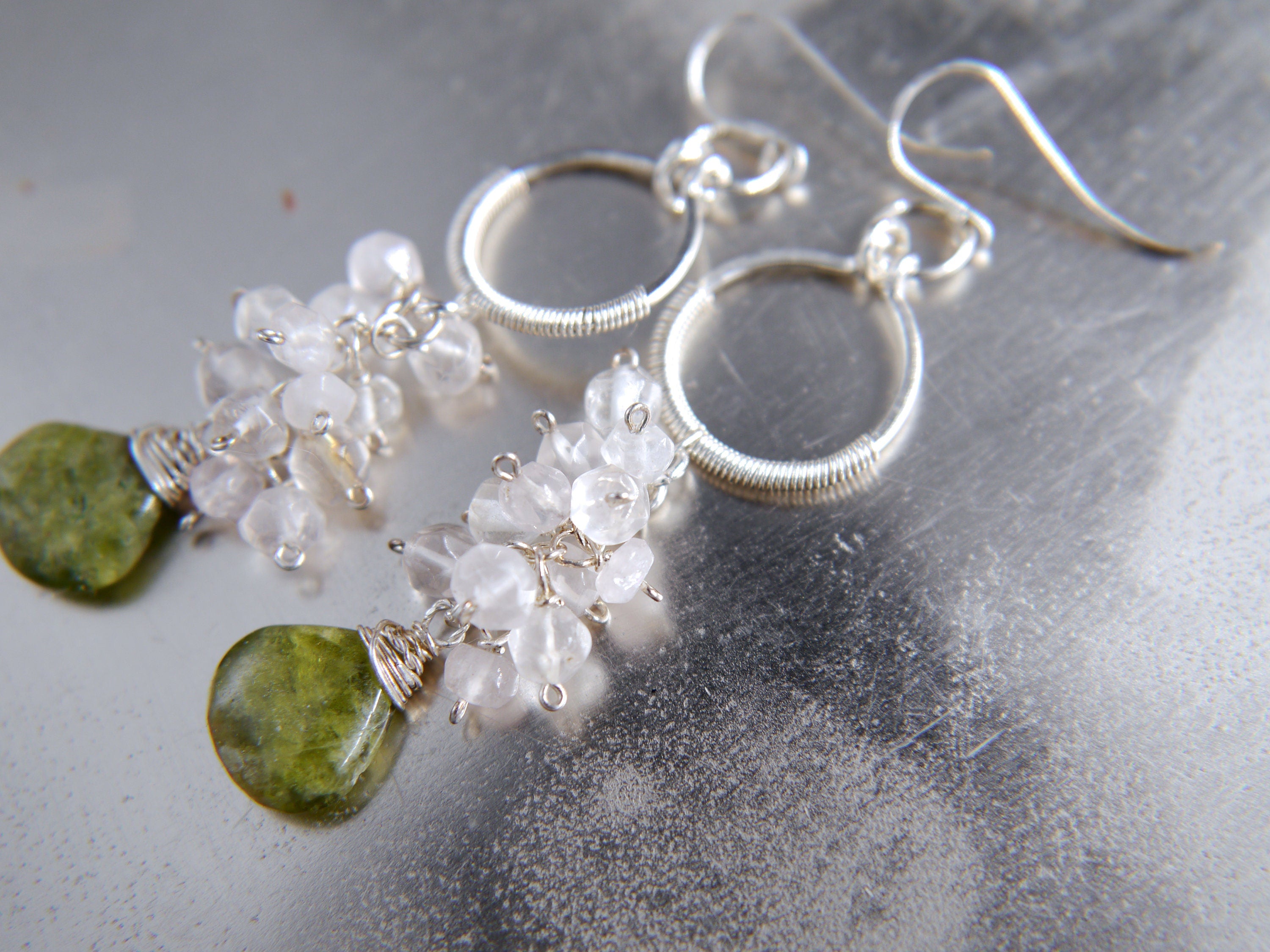 Green Vesuvianite Rose Quartz Gemstone Earrings, Sterling Silver Bohemian Style