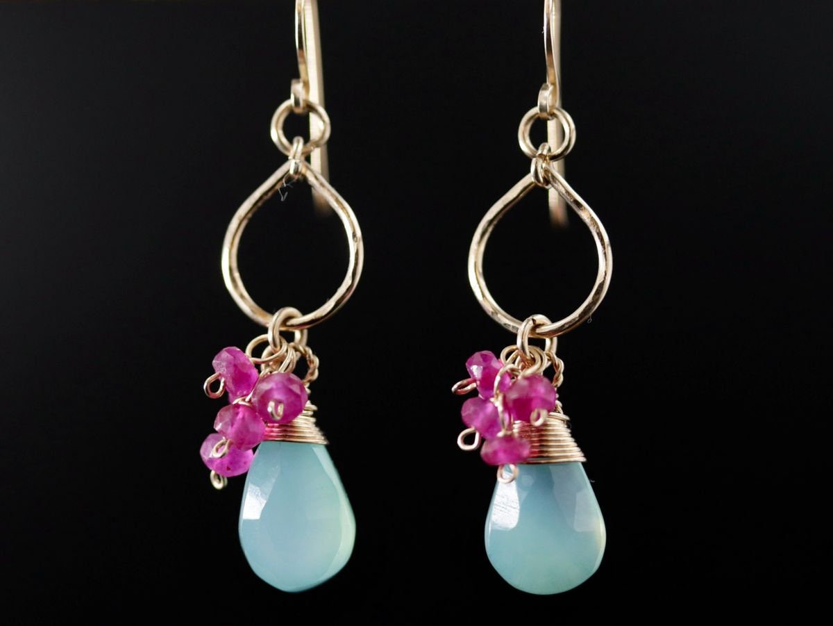 Aqua Chalcedony Ruby Floral Gemstone Earrings, 14K Gold Filled Boho Jewelry
