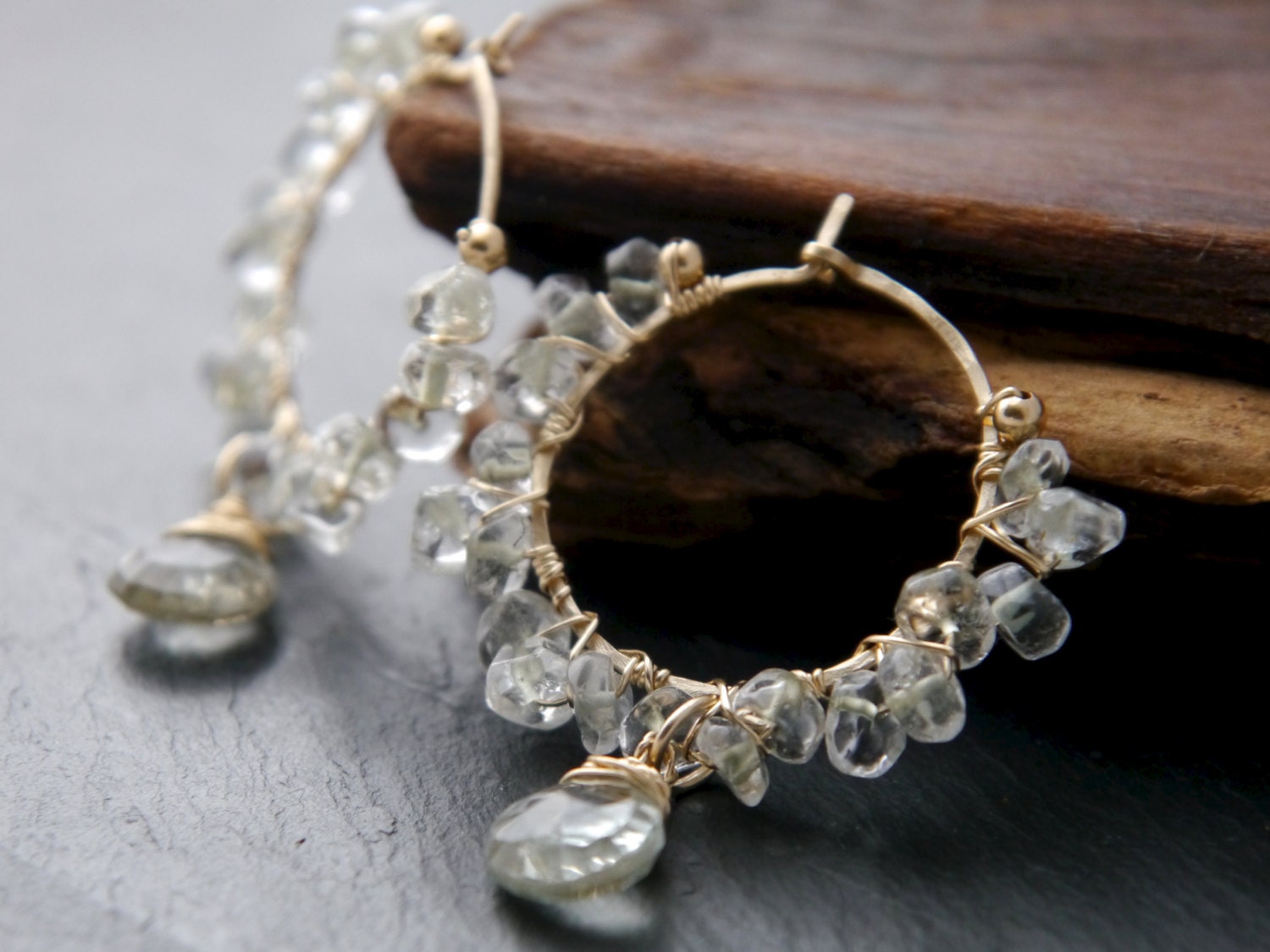 Green Amethyst Floral Hoop Gemstone Earrings, 14K Gold Filled Bohemian Style