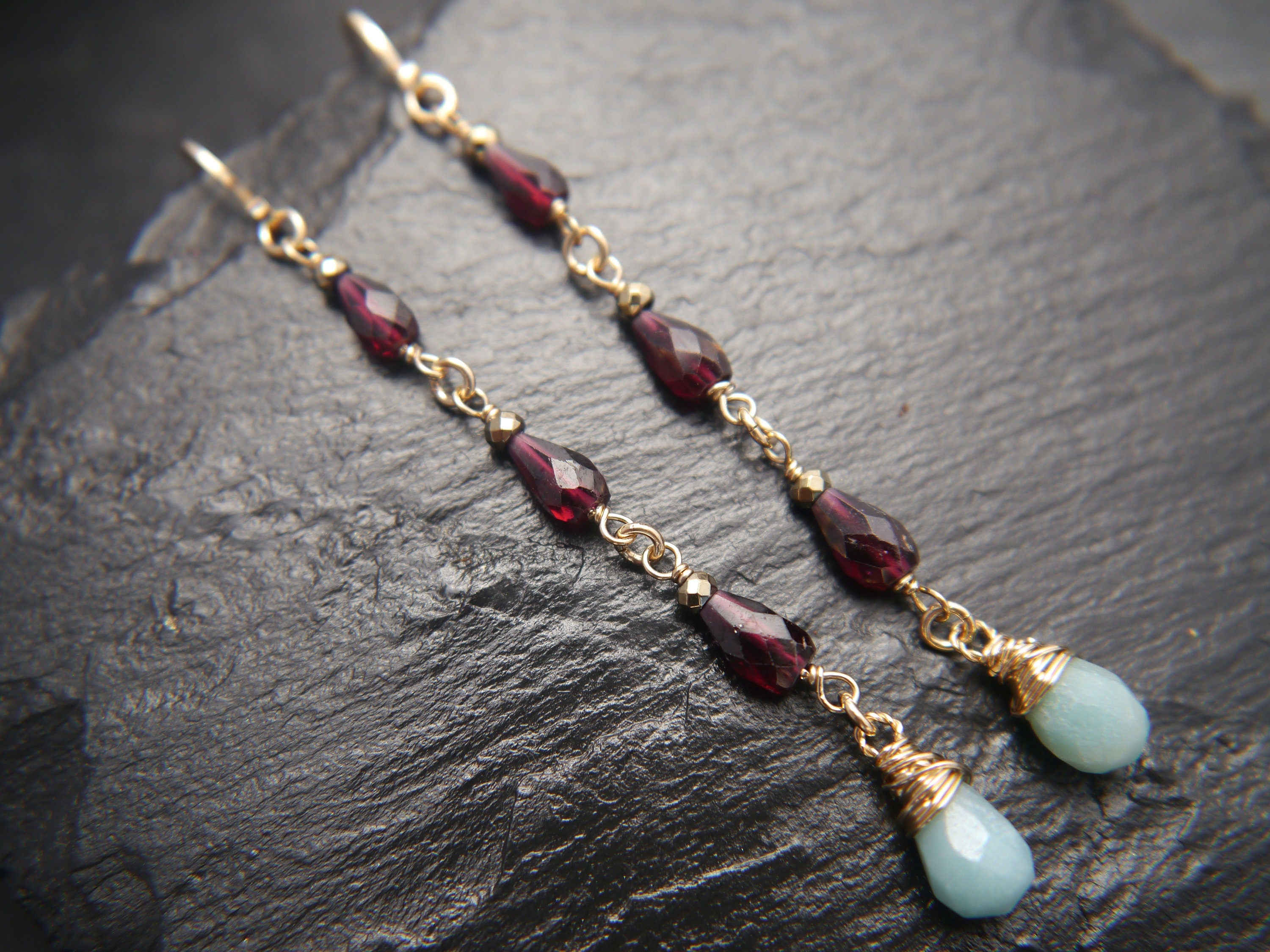 Garnet Amazonite Long Dangle Teardrop Gemstone Earrings, 14K Gold Filled Art Deco