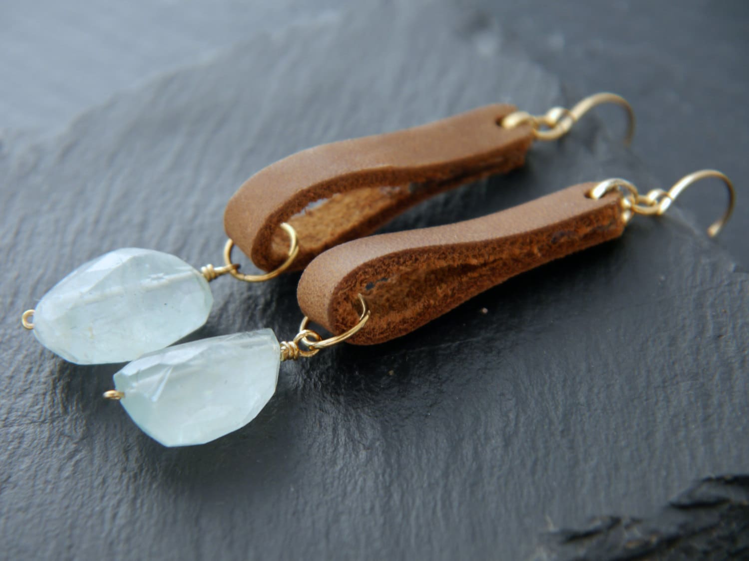 Boho Leather and Aquamarine Dangle Gemstone Earrings, 14K Gold Filled Coastal Wedding