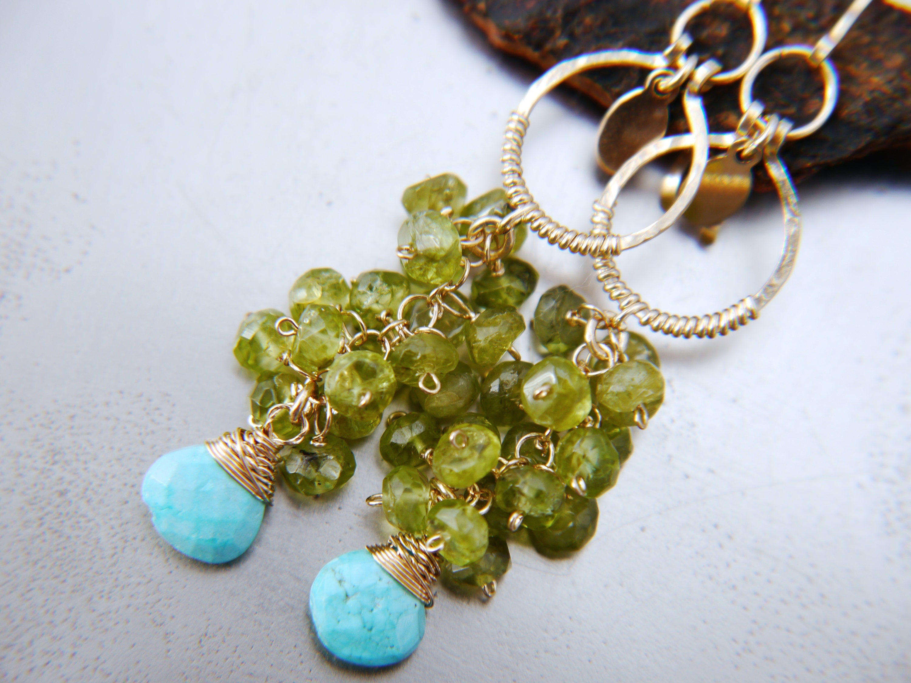 Turquoise Peridot Floral Cluster Long Dangle Gemstone Earrings, 14K Gold Filled