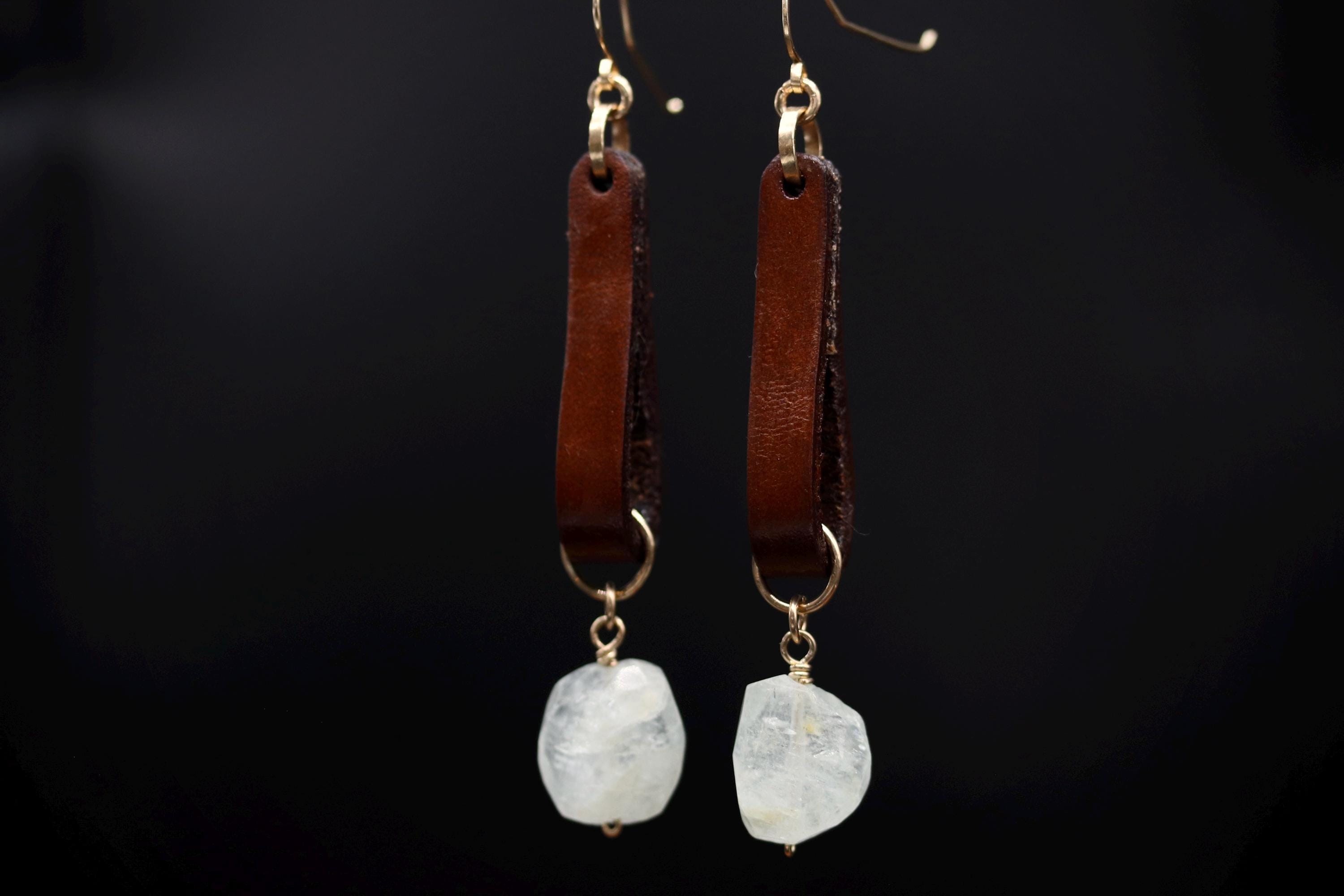 Boho Leather and Raw Cut Aquamarine Dangle Gemstone Earrings, 14K Gold Filled