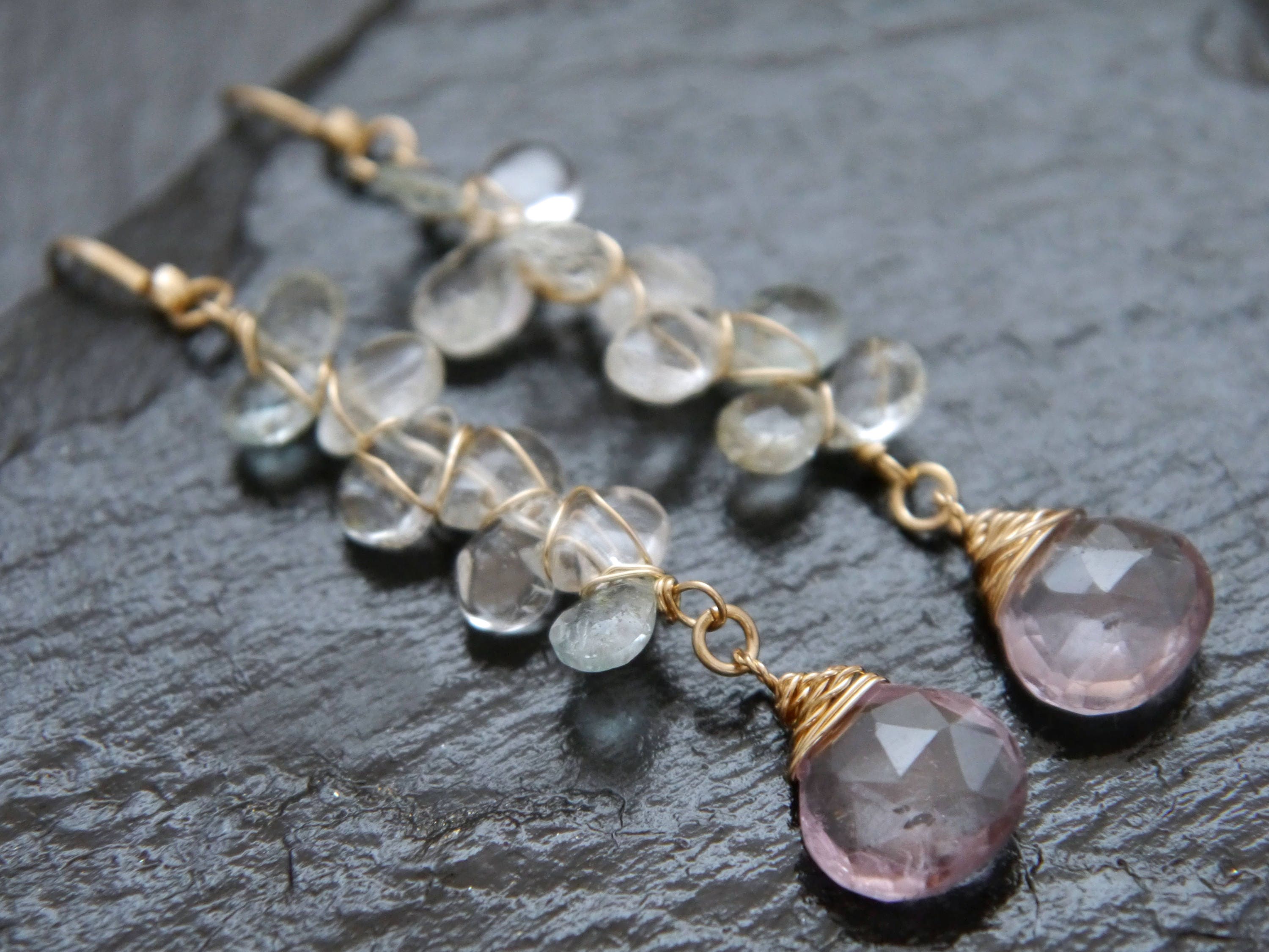 Aquamarine Amethyst Long Dangle Floral Gemstone Earrings, 14K Gold Filled Wedding