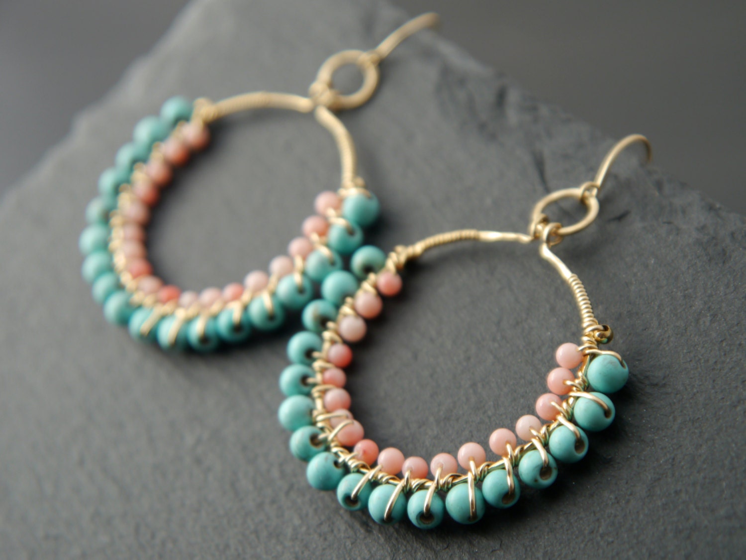 Turquoise Coral Hoop Gemstone Earrings, 14K Gold Filled Boho Wedding Coastal Style