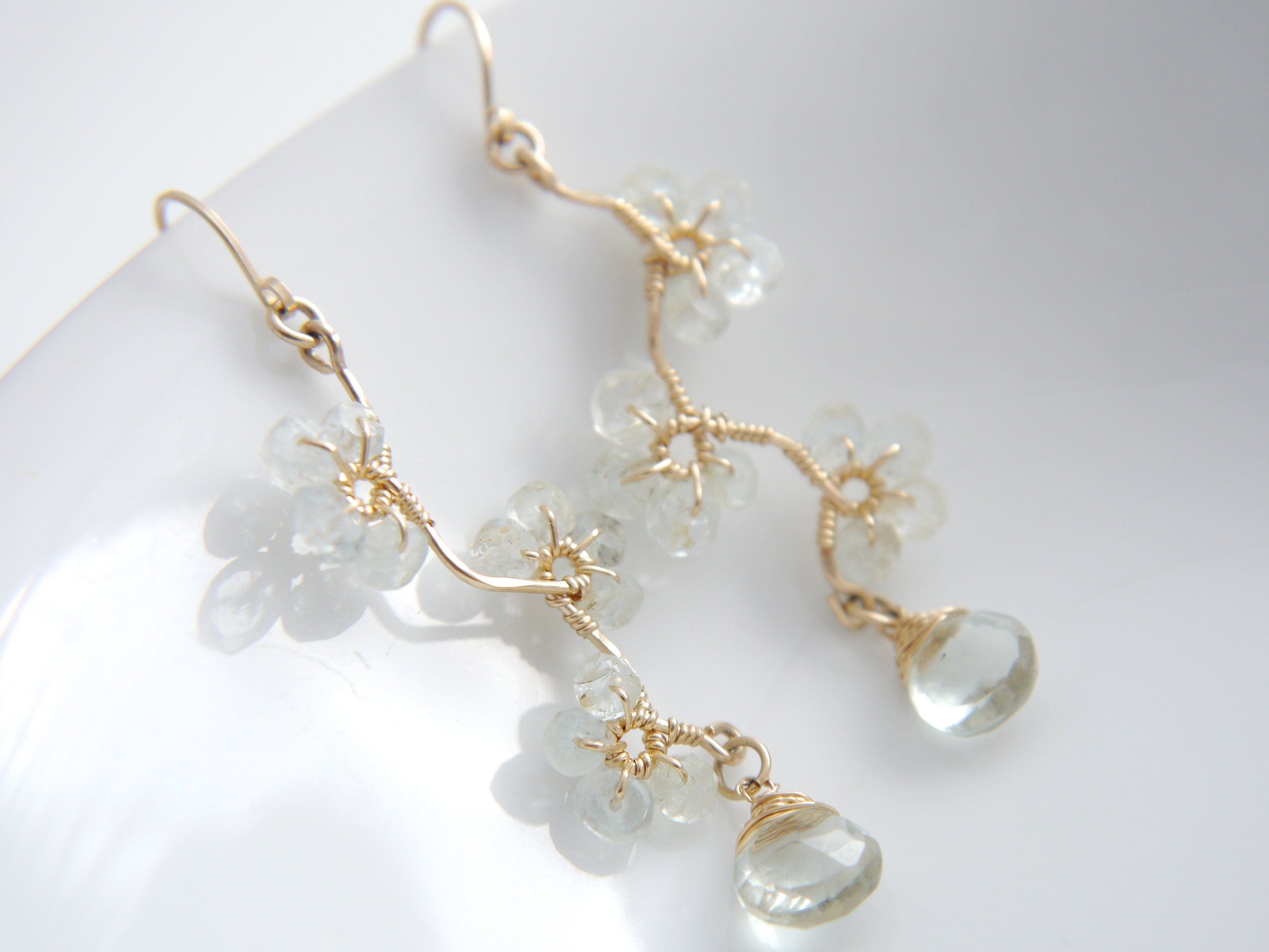 Aquamarine Green Amethyst Floral Chandelier Earrings, 14K Gold Filled Dangle, Garden Jewelry