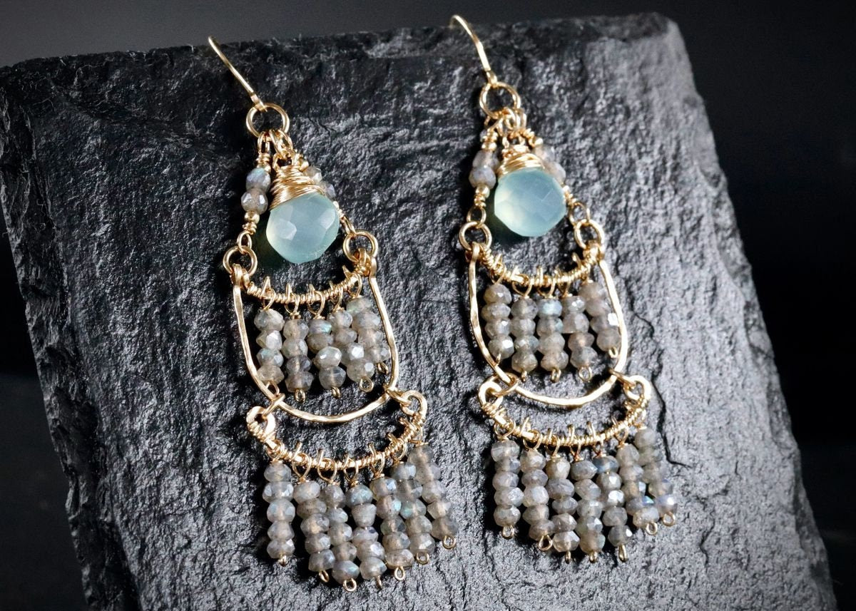 Aqua Chalcedony Labradorite Chandelier Gemstone Earrings, 14K Gold Filled Bohemian Wedding Jewelry